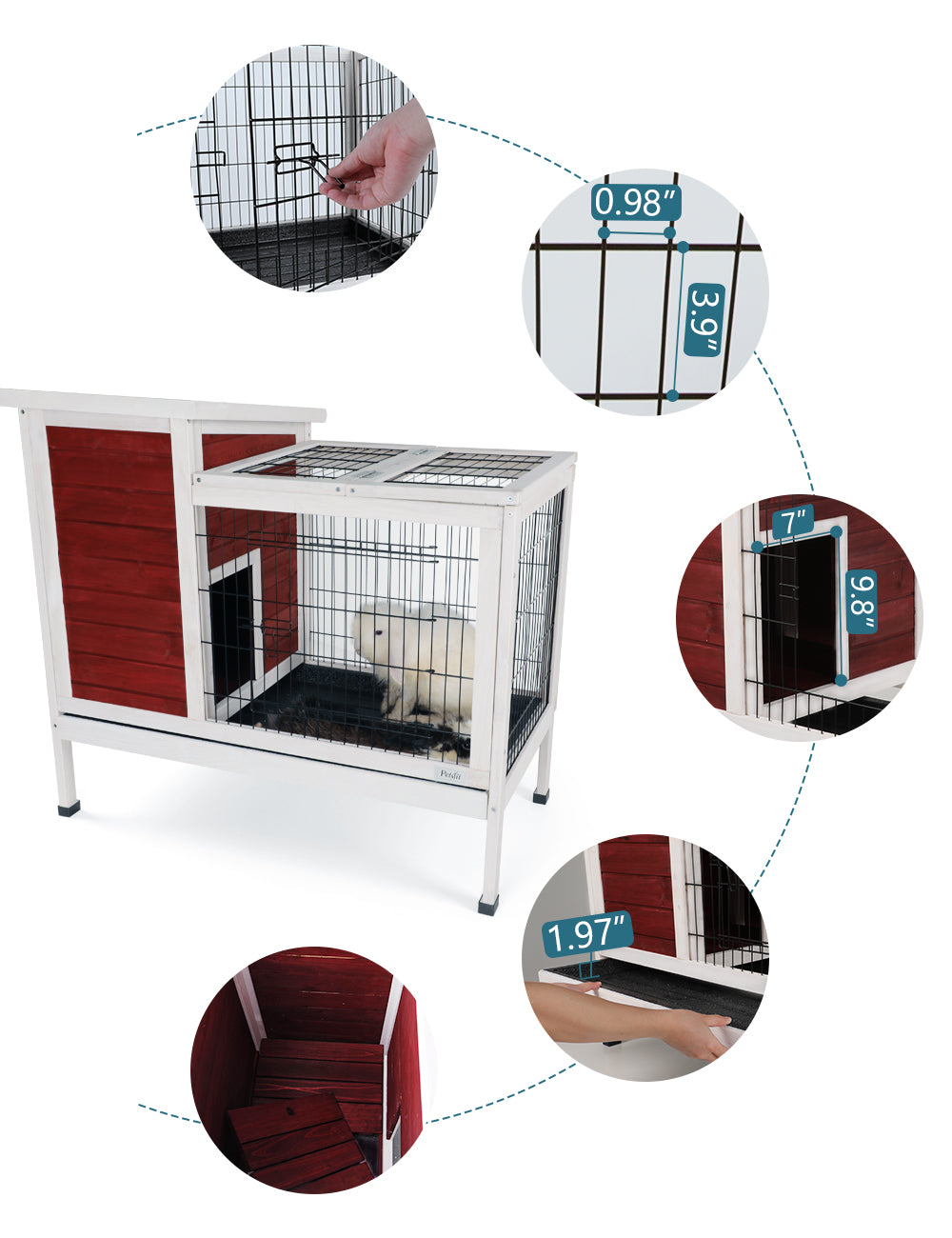 Two-Tier Wooden Indoor/Outdoor Rabbit Cage for Small Animals with Runway and Leak-Proof Plastic Tray,Red