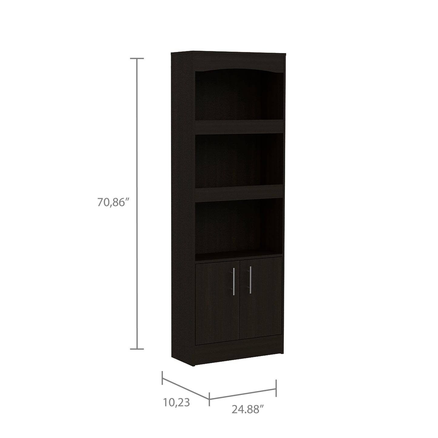 Simma Bookcase, Metal Hardware, Three Shelves, Double Door Cabinet -Black