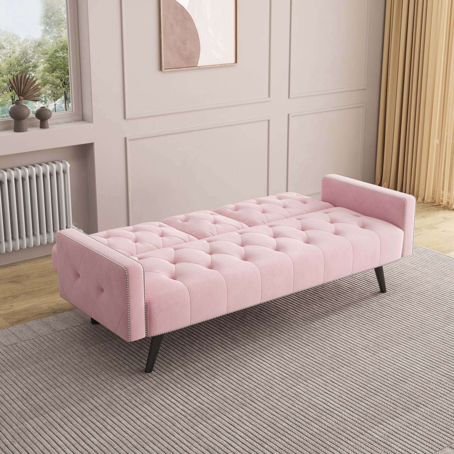 [SantaChoice] 1730 Sofa Bed Armrest with Nail Head Trim with Two Cup Holders 72" Pink Velvet Sofa for Small Spaces