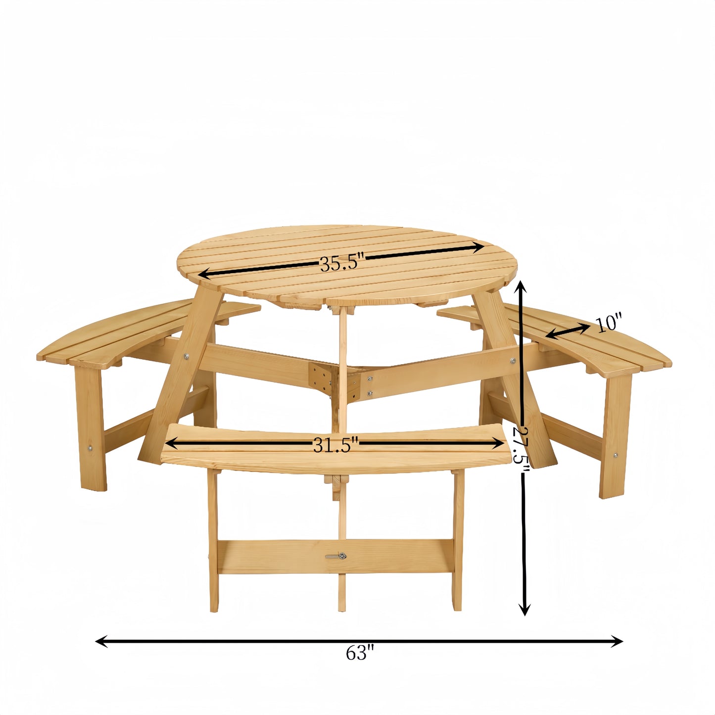 Outdoor 6 Person Picnic Table, 6 person Round Picnic Table with 3 Built-in Benches, Umbrella Hole, Outside Table and Bench Set for Garden, Backyard, Porch, Patio,  Natural