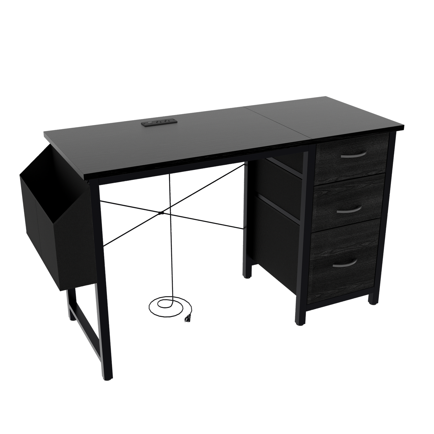 47"office desk with power outlet,3 drawers,Large Side Pocket, Desk Easy to Assemble,Frame stability Reversible,  for home desk, computer desk, game table,Writing desk,Vanity table, black