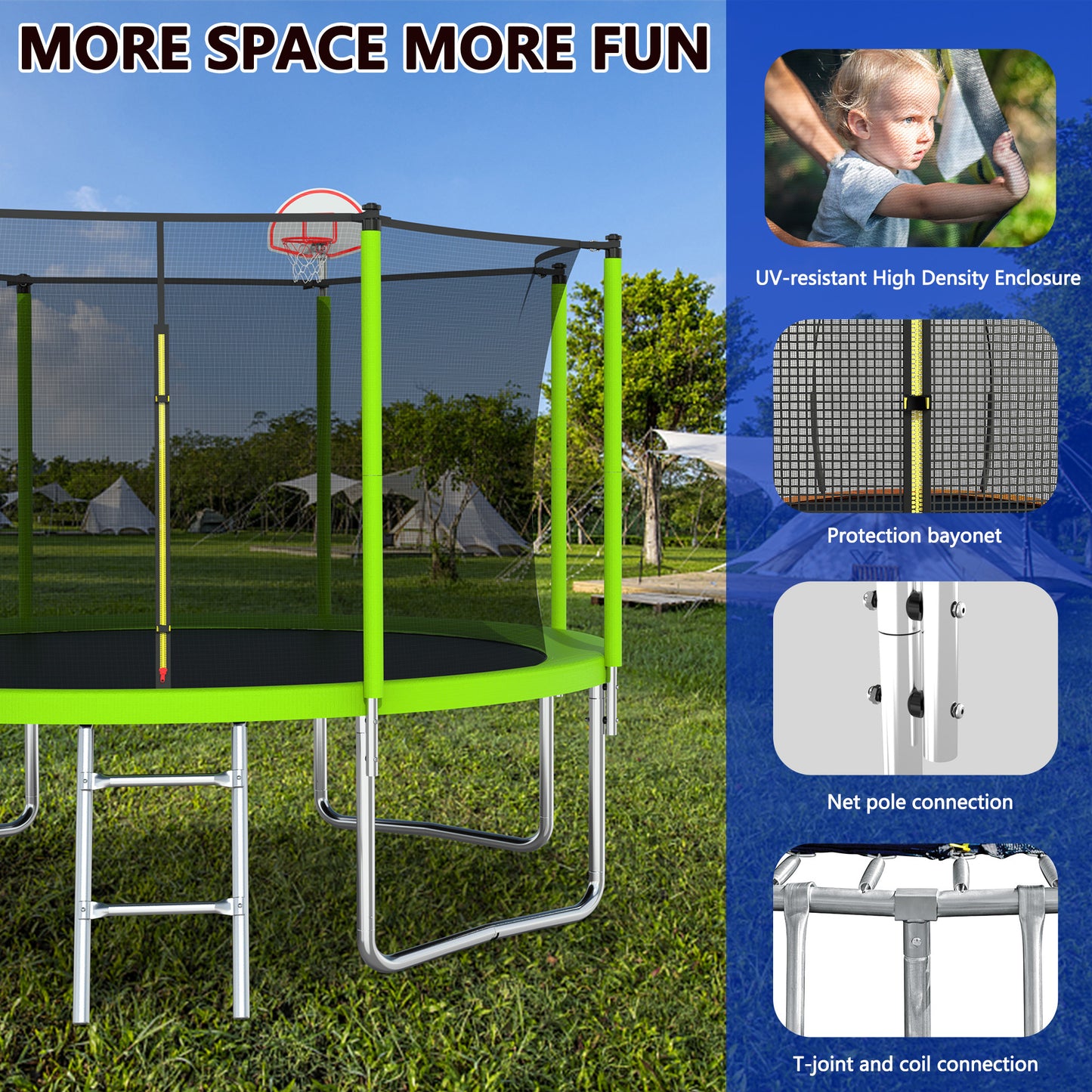 12FT Trampoline Green for Kids & Adults with Basketball Hoop and Ball ,Recreational Trampolines with Safety Enclosure for Back Yard Outdoor