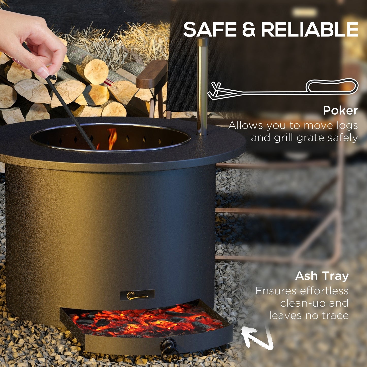 Outsunny 2-in-1 Smokeless Fire Pit, BBQ Grill, 25" Portable Wood Burning Firepit with Cooking Grate, Ash Tray & Poker, Low Smoke Camping Bonfire Stove for Patio Picnic, Stainless Steel, Black