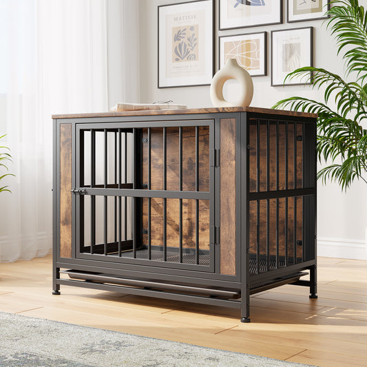 Dog Crate Furniture,  Wooden Dog Crate Table, 32.8" Dog Kennel with 2 Sliding Doors and Thick Iron Door Frame, Decorative Pet Crate House for Medium/Small Dog Indoor Use(Rustic Brown)