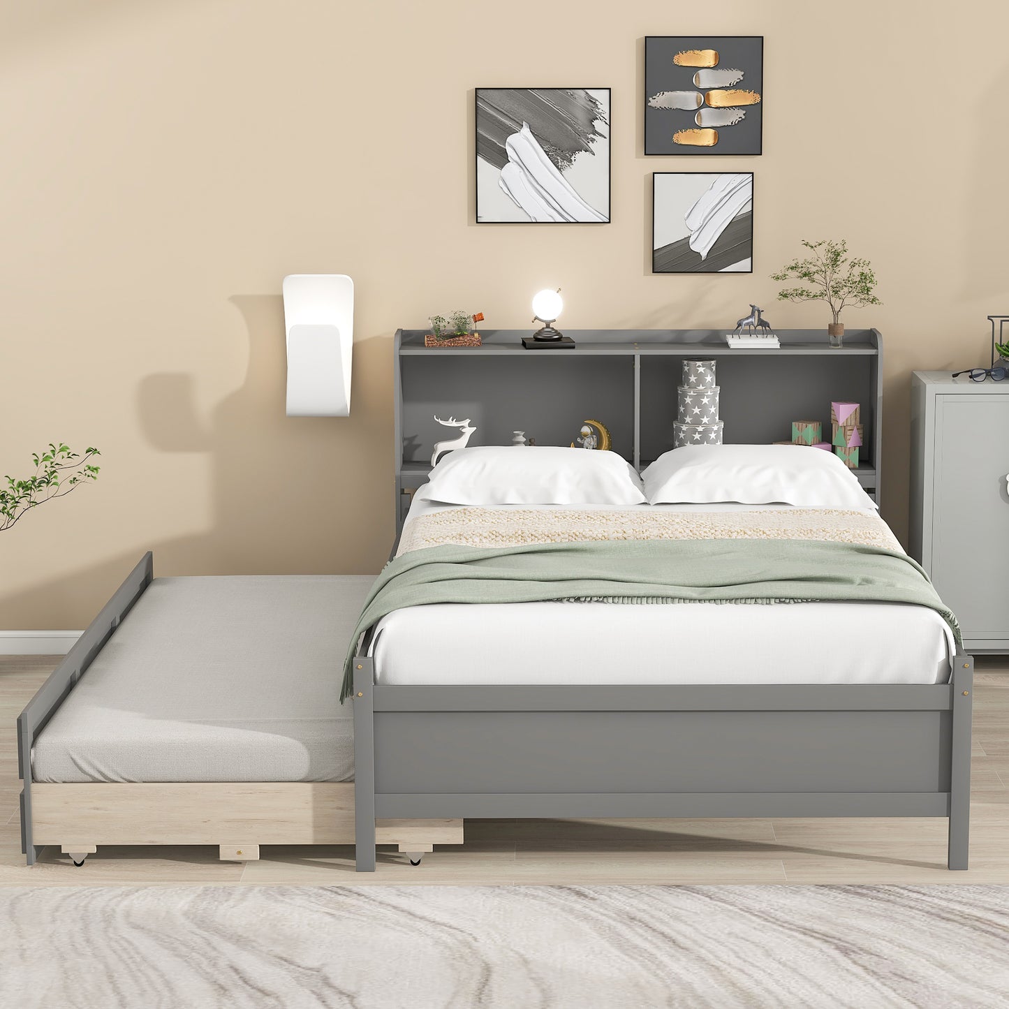 Full Bed with Bookcase,Twin Trundle,Drawers,Grey