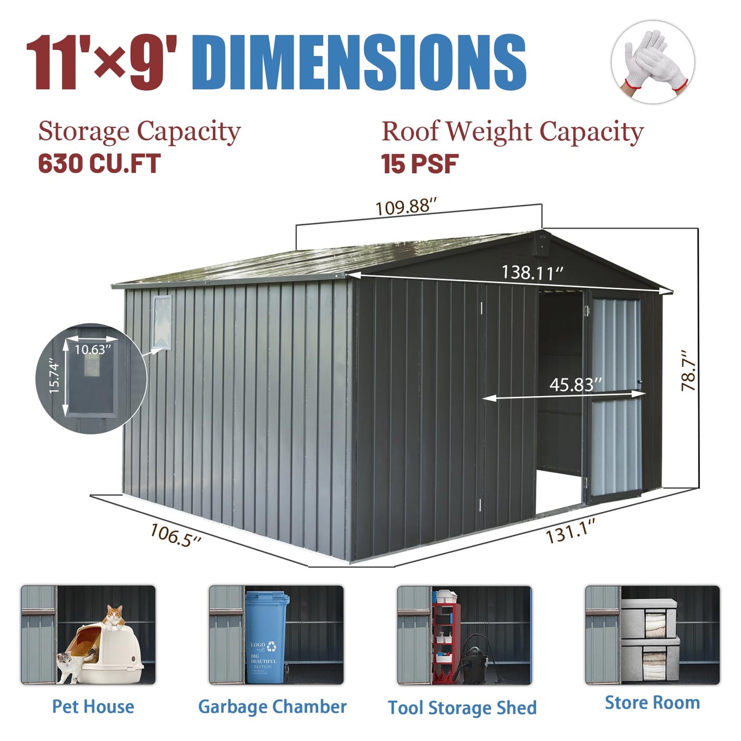 Backyard Storage Shed 11'x 9' with Galvanized Steel Frame & Windows, Outdoor Garden Shed Metal Utility Tool Storage Room with Lockable Door for Patio(Dark Gray)