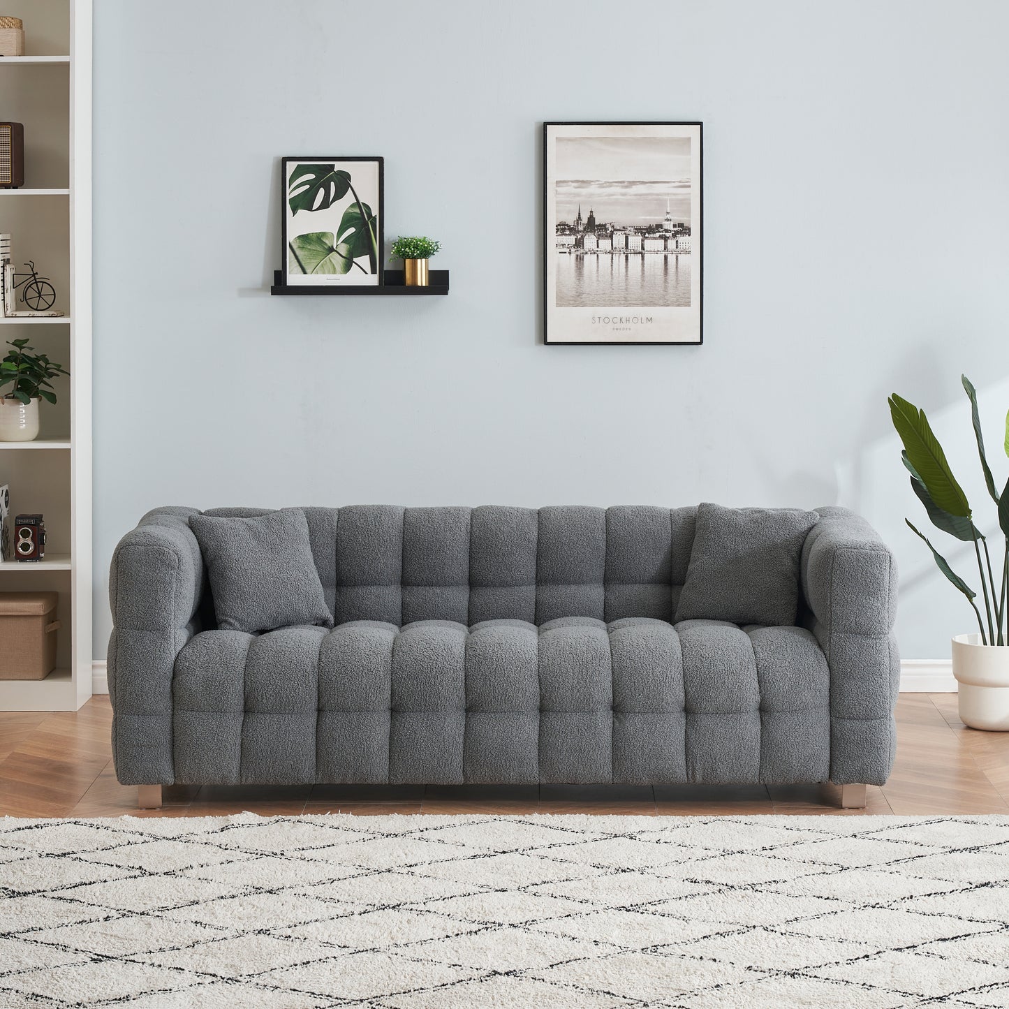 [SantaChoice] Grey teddy fleece sofa 80 inch discharge in living room bedroom with two throw pillows hardware foot support