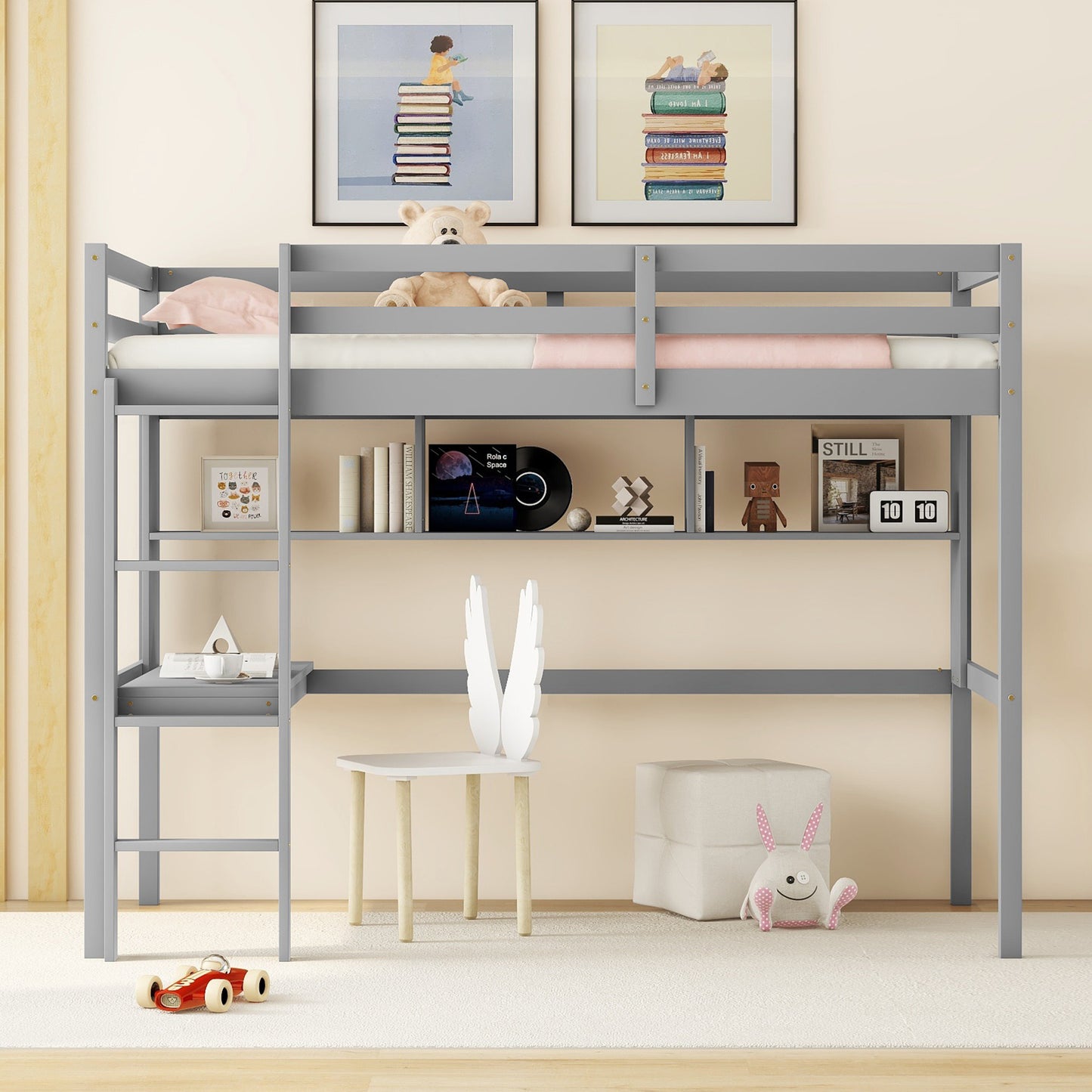 [SantaChoice] Twin Size Loft Bed with desk and shelves, Safety Guardrail and ladder,Grey