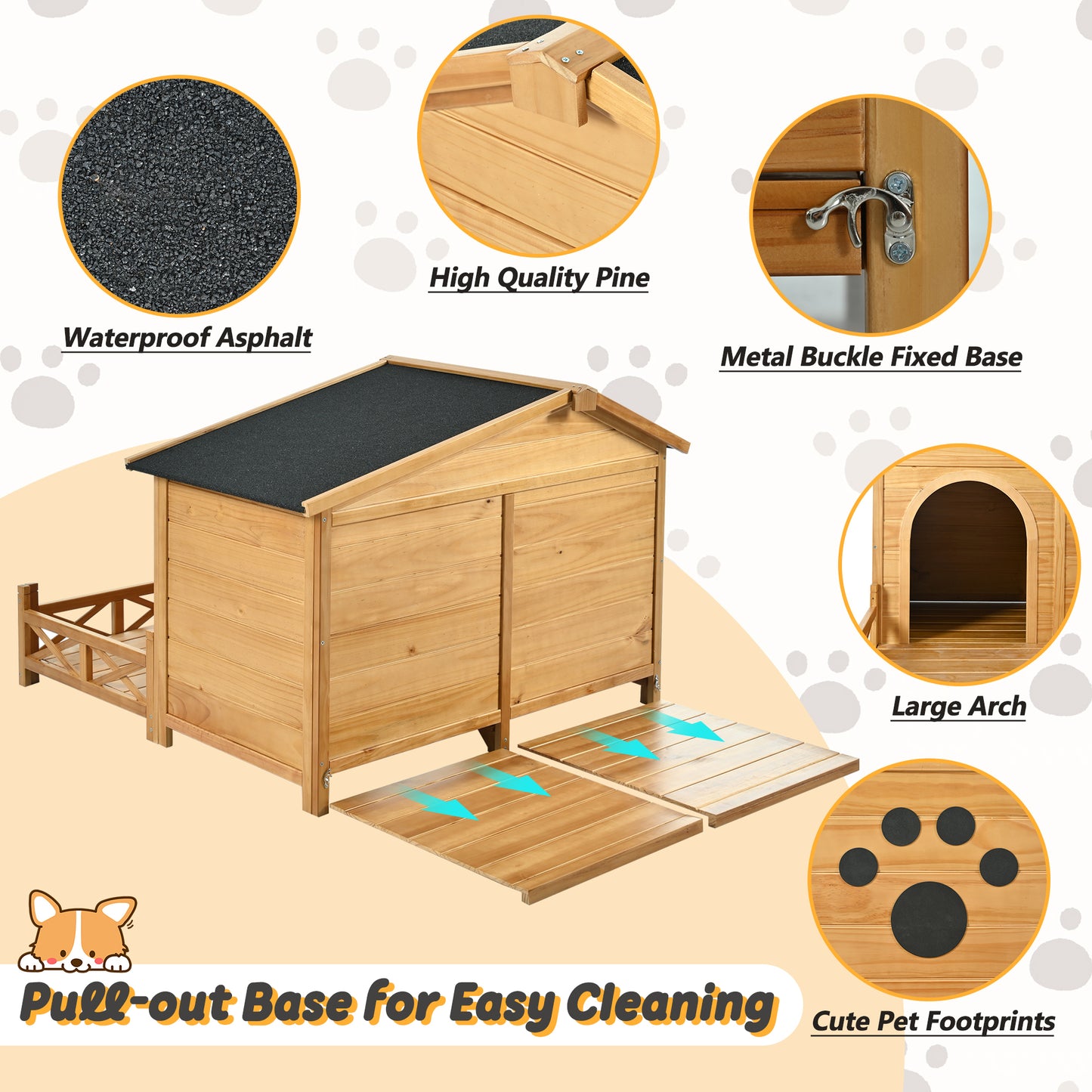 48" Wooden Dog House Outdoor with Porch, Dog Kennel with Water-Resistant Asphalt Roof and Fencing,Indoor & Outdoor Dog Crate with Paw Print, Medium, Nature