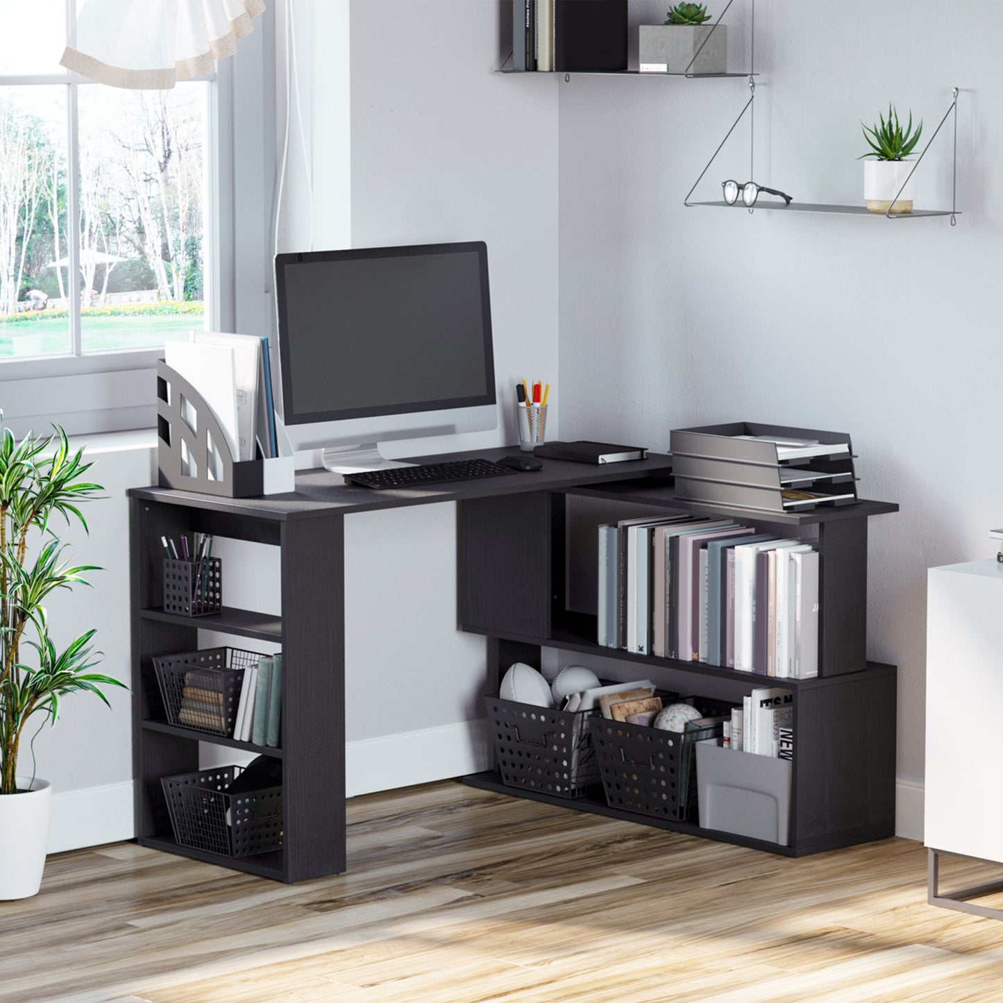 HOMCOM L Shaped Corner Desk, 360 Degree Rotating Home Office Desk with Storage Shelves, Writing Table Workstation, Black