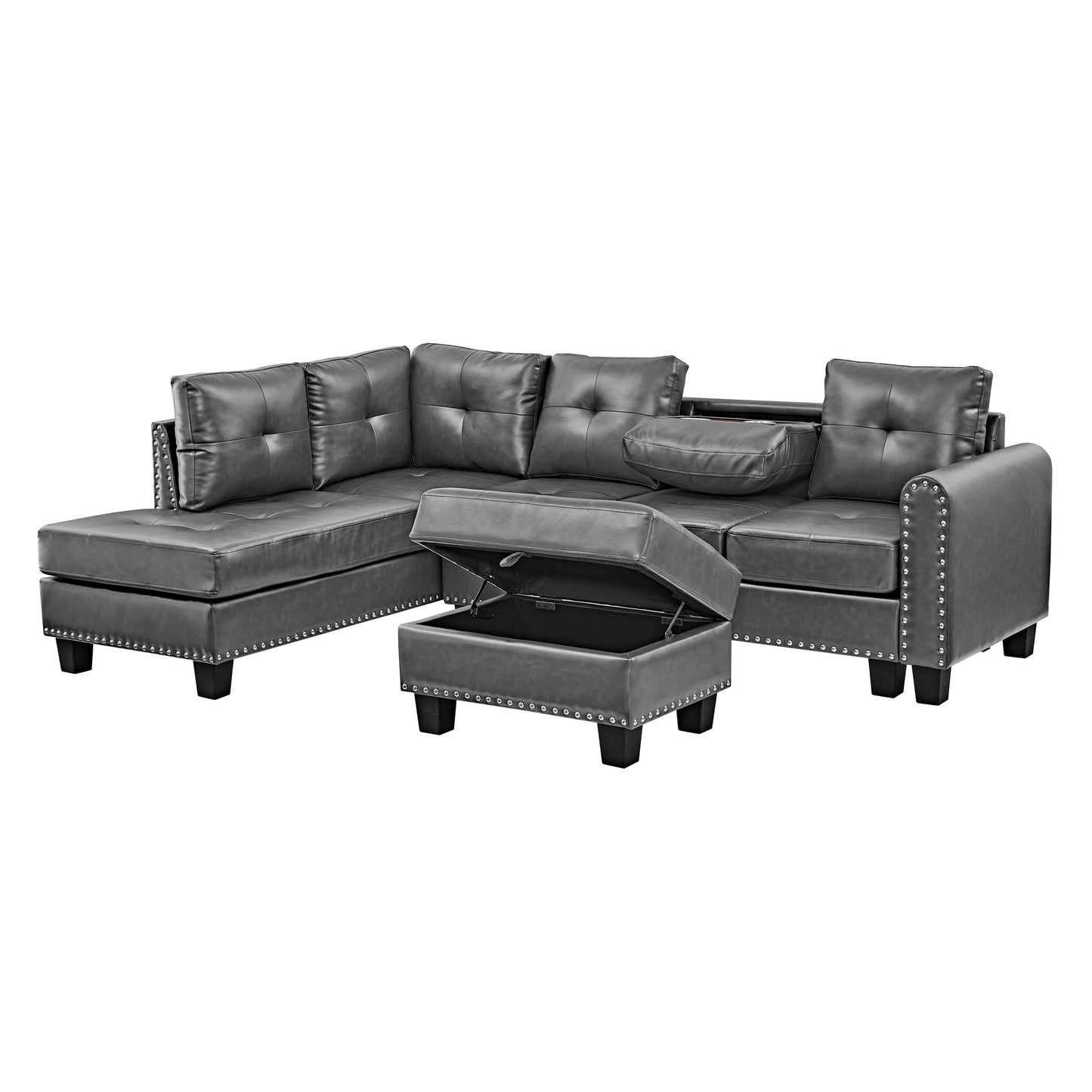 [SantaChoice] Sectional 3-Seaters Sofa , reversible recliner, Storage pad and wood grain cup holder, Non-slip leg, pu, grey