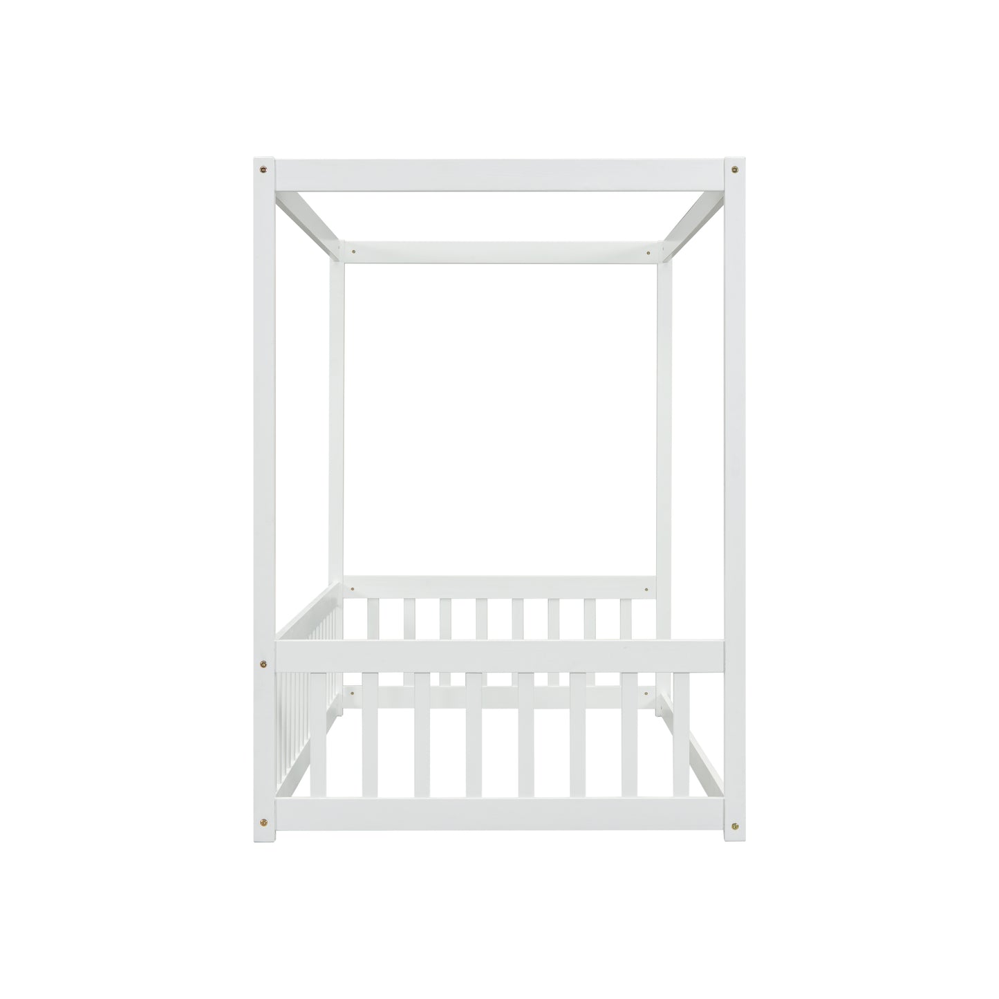 Twin Size Canopy Frame Floor Bed with Fence, Guardrails,White