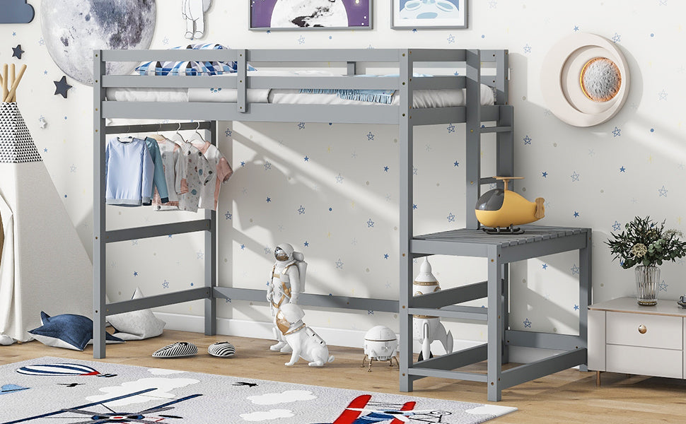 Twin Size High Loft Bed with Ladder landing Platform, Ladders, Guardrails,Grey