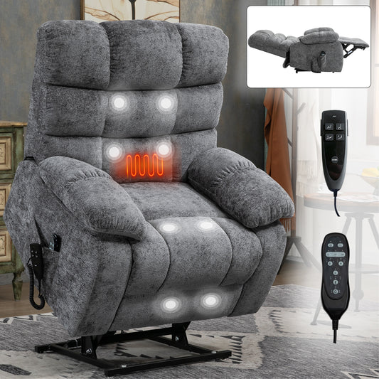 Lift Recliner Chair Heat Massage Dual Motor Infinite Position Up to 350 LBS Large Electric Power Lift Recliners with Power-Remote, Medium-firm and Heavy duty, Grey