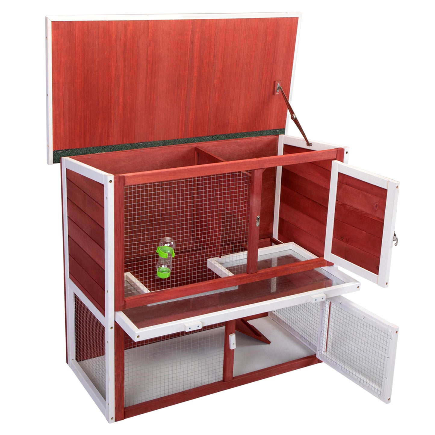 Wood Rabbit Hutch, Pet Playpen with 2 Stories, Ramp, Doors, Pull-out Tray, Water Bottle, Outdoor Enclosure for Small Animals Bunnies, Red and White