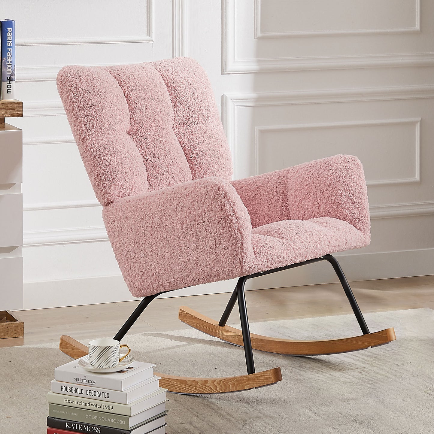 [SantaChoice] Rocking Chair, Leisure Sofa Glider Chair, Comfy Upholstered Lounge Chair with High Backrest, for Nursing Baby, Reading, Napping PINK