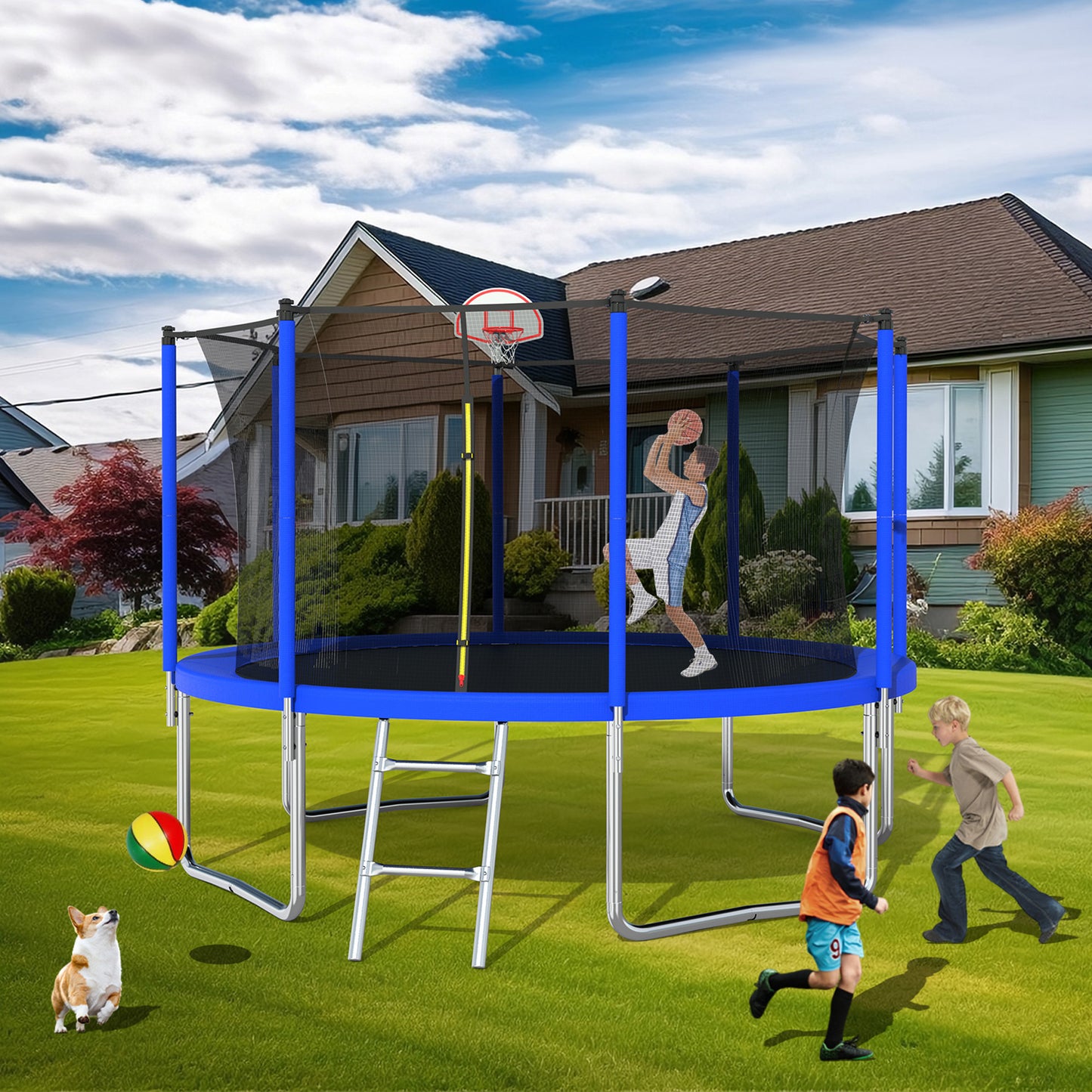 12FT Trampoline for Kids & Adults with Basketball Hoop and Ball ,Recreational Trampolines with Safety Enclosure for Back Yard Outdoor