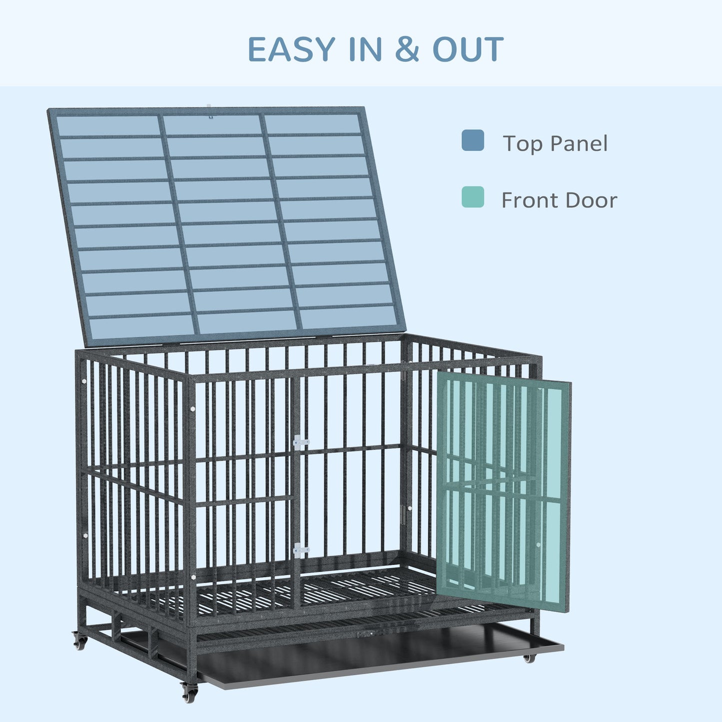 PawHut 43" Heavy Duty Dog Crate Metal Cage Kennel with Lockable Wheels, Double Door and Removable Tray, Grey