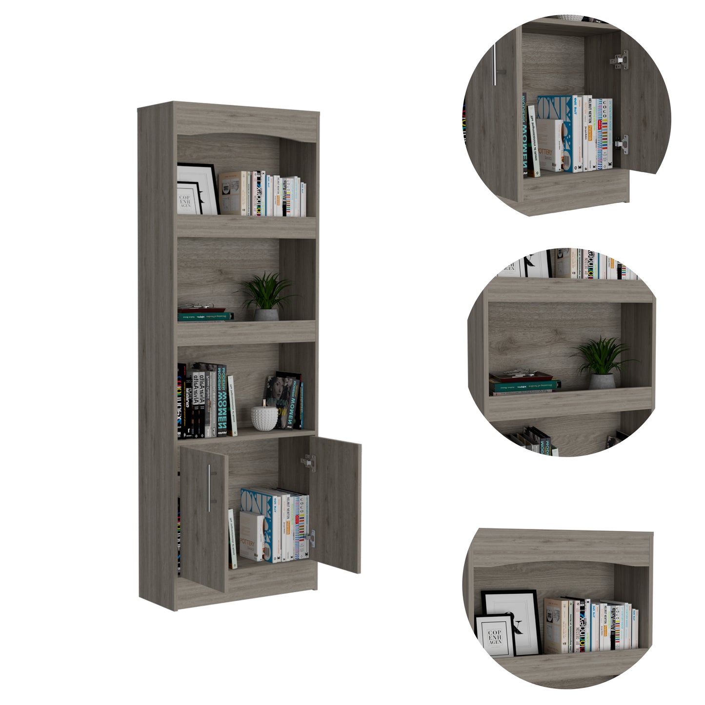 Simma Bookcase, Metal Hardware, Three Shelves, Double Door Cabinet -Light Gray