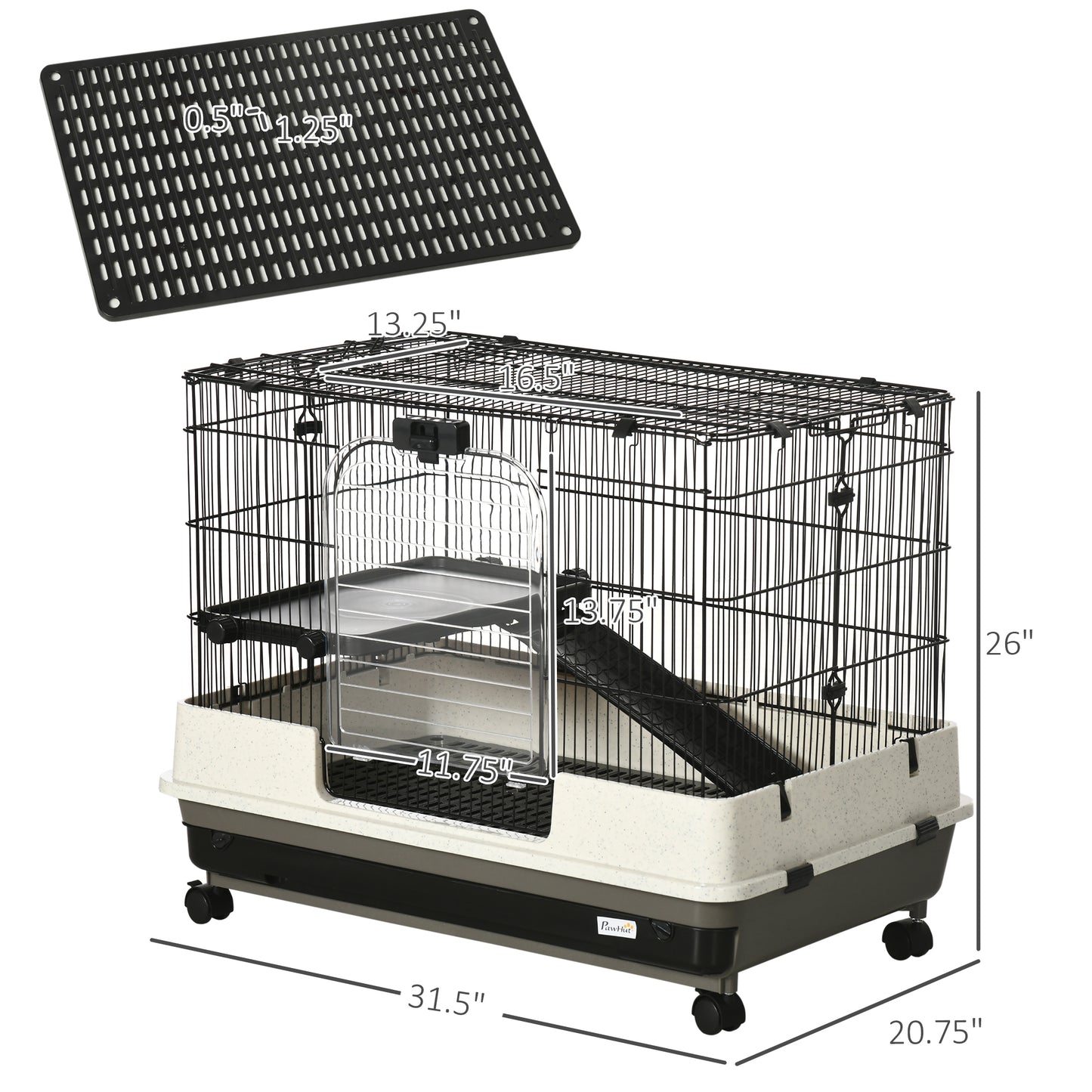 PawHut 26" Small Animal Cage with Wheels, 2-Level Portable Bunny Cage, Chinchilla Ferret Cage with Removable Tray, Platform and Ramp