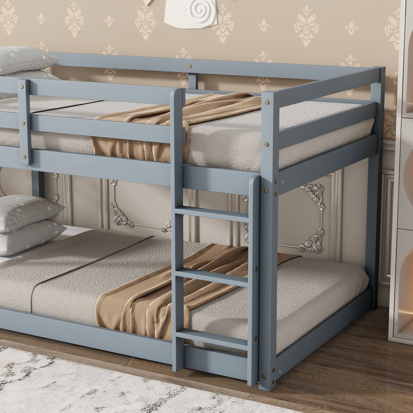 Solid Wooden, Solid Rubber Wooden Twin over Twin Loft Bed with Ladder, with Bed Platform of Strengthened Slats , Grey