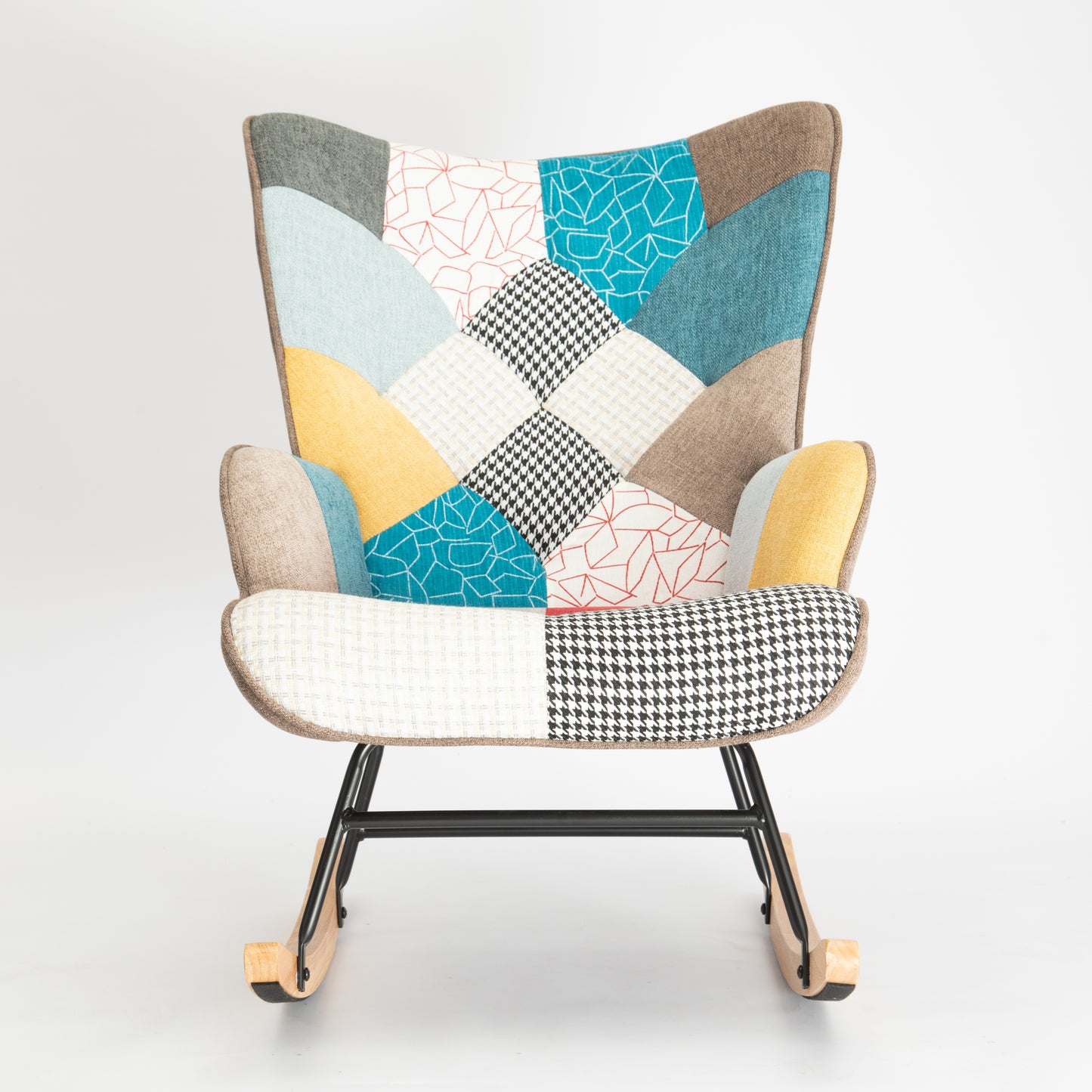 Rocking Chair, Mid Century Fabric Rocker Chair with Wood Legs and Patchwork Linen for Livingroom Bedroom