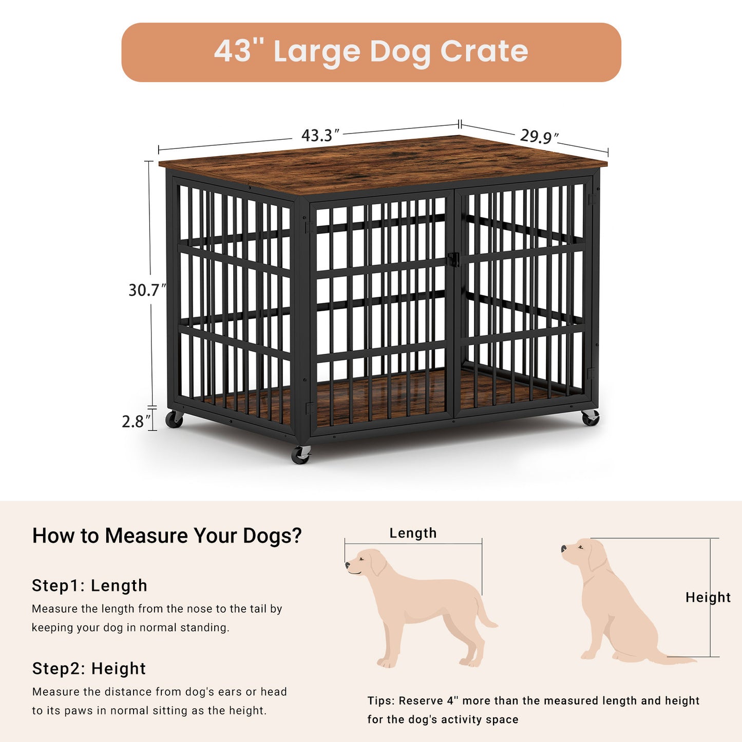 Furniture style dog crate wrought iron frame door with side openings, Rustic Brown, 43.3''W x 29.9''D x 33.5''H.