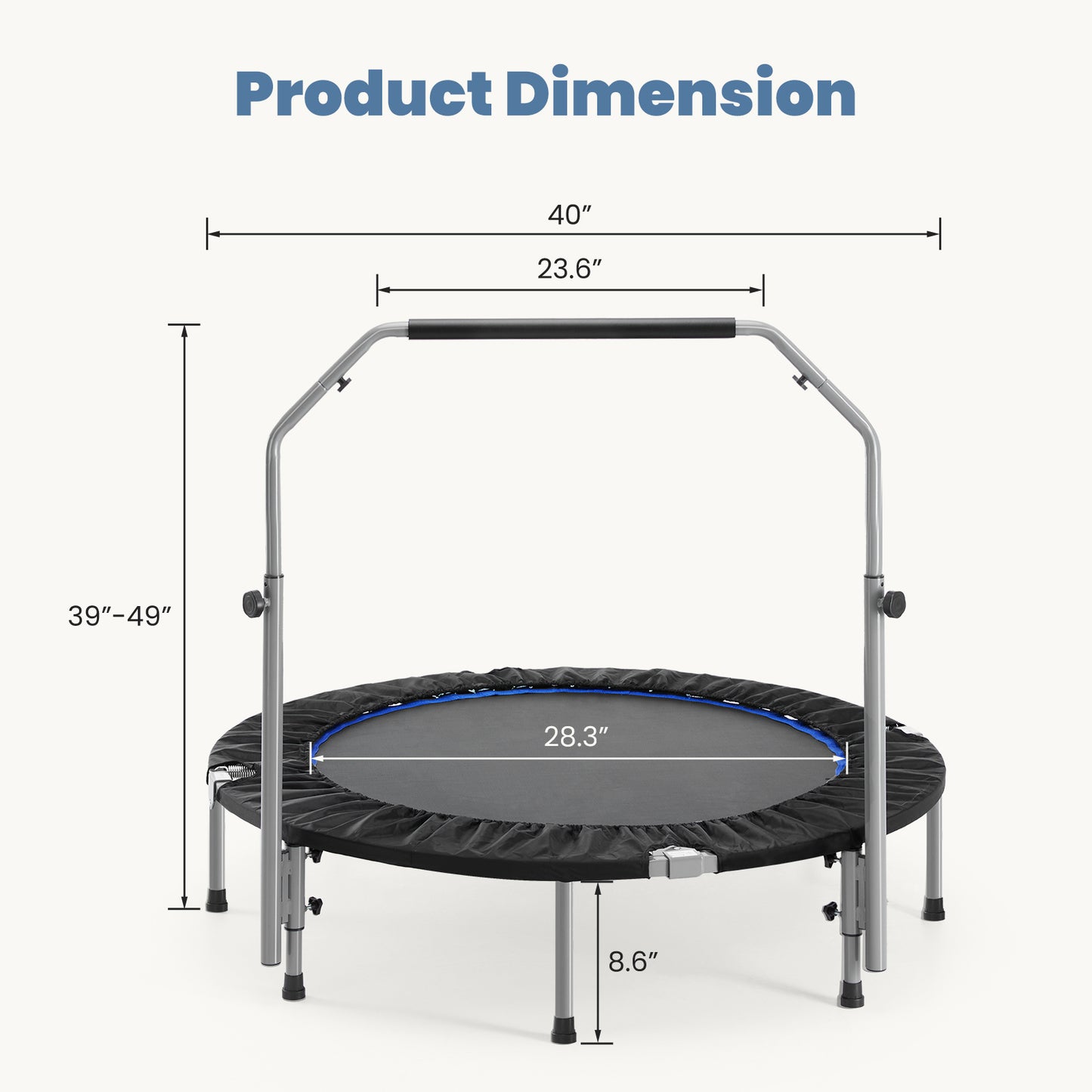 40" Foldable Mini Trampoline for Adults, Trampoline for Adults with Adjustable Bar