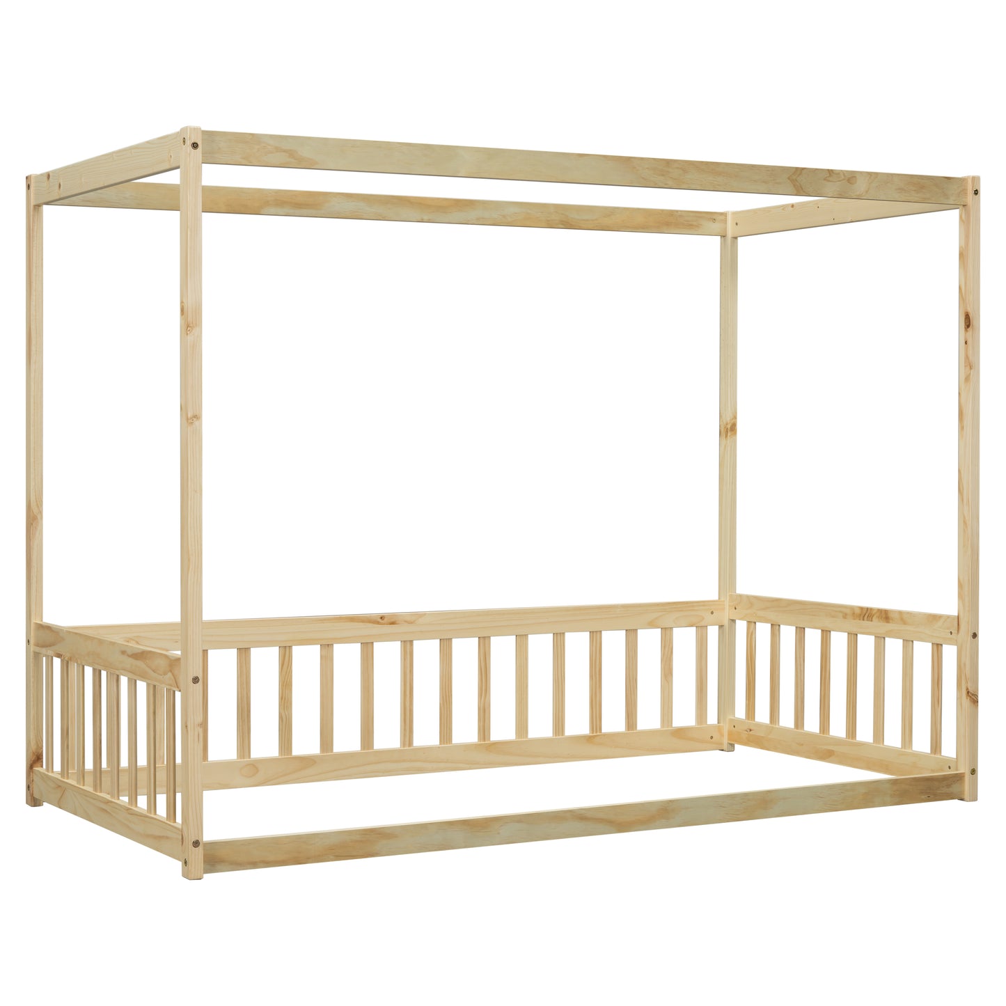 Twin Size Canopy Frame Floor Bed with Fence, Guardrails,Natural