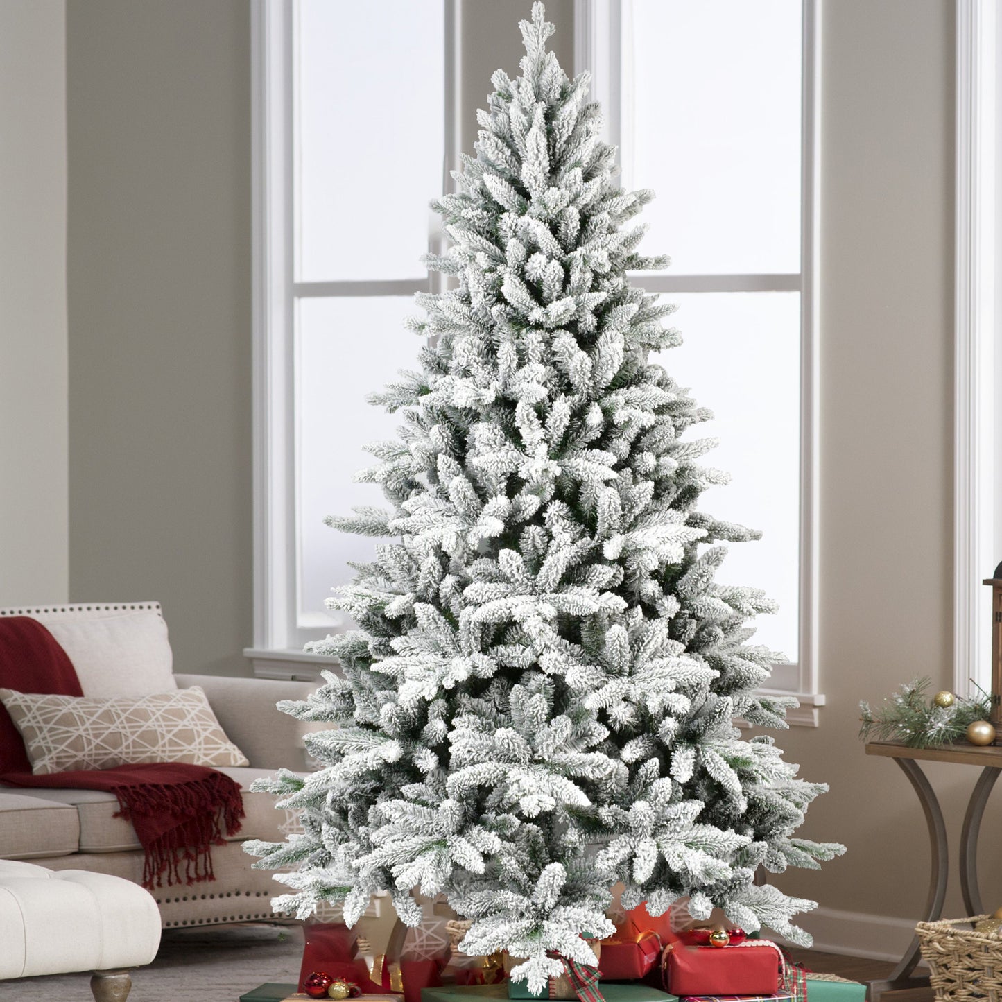 7FT PE & PVC Flocked Artificial Christmas Tree, With 1514 branch tips and metal stand, Foldable Fake Tree with Realistic Snowy Foliage for Home Decoration