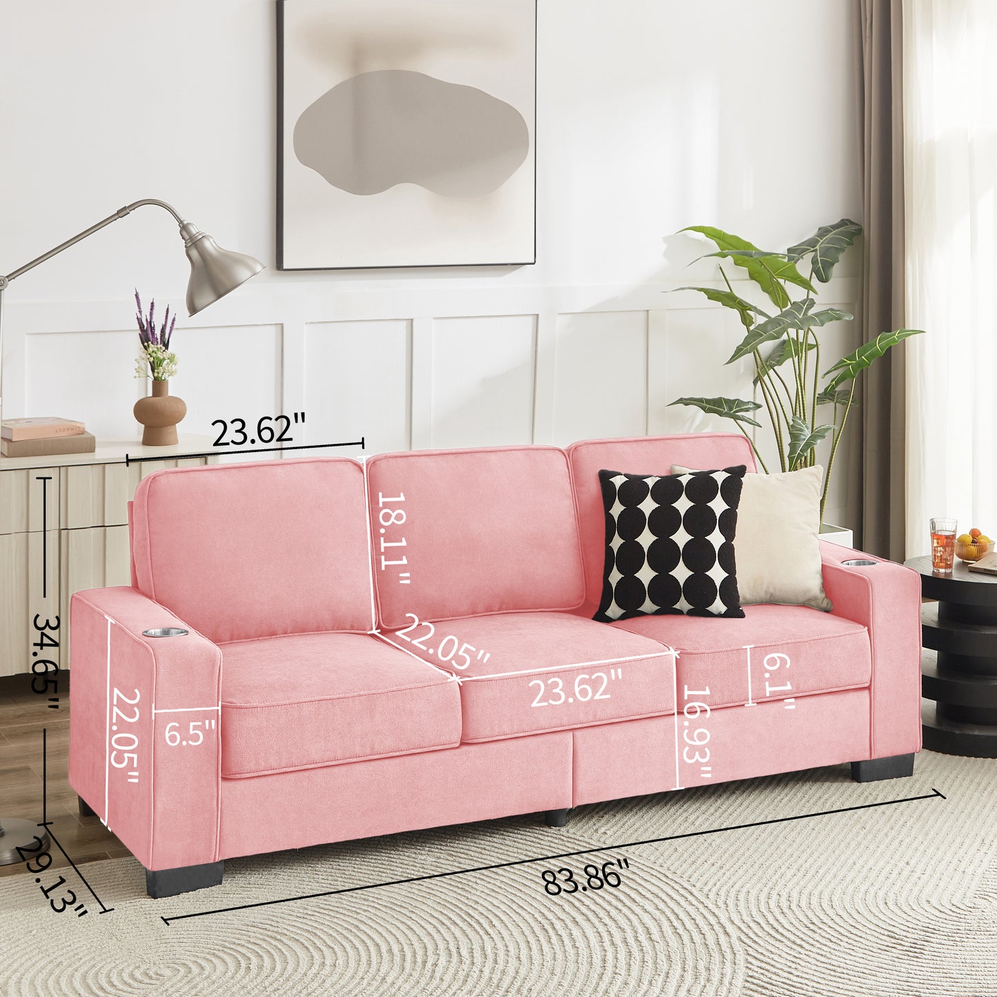 83.86" Snowfleece Fabric sofa,Modern Compressed Couch,3-Seater Sofa, Furniture for Living Room,Bedroom,office ,Pink