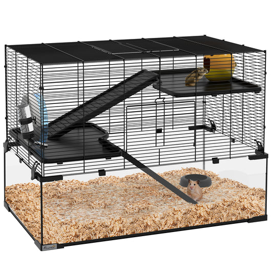 PawHut Hamster Cage, 31" Gerbil Cage with Glass Basin, Ramps, Platforms, Hut, Exercise Wheel, for Small Hamsters, Black