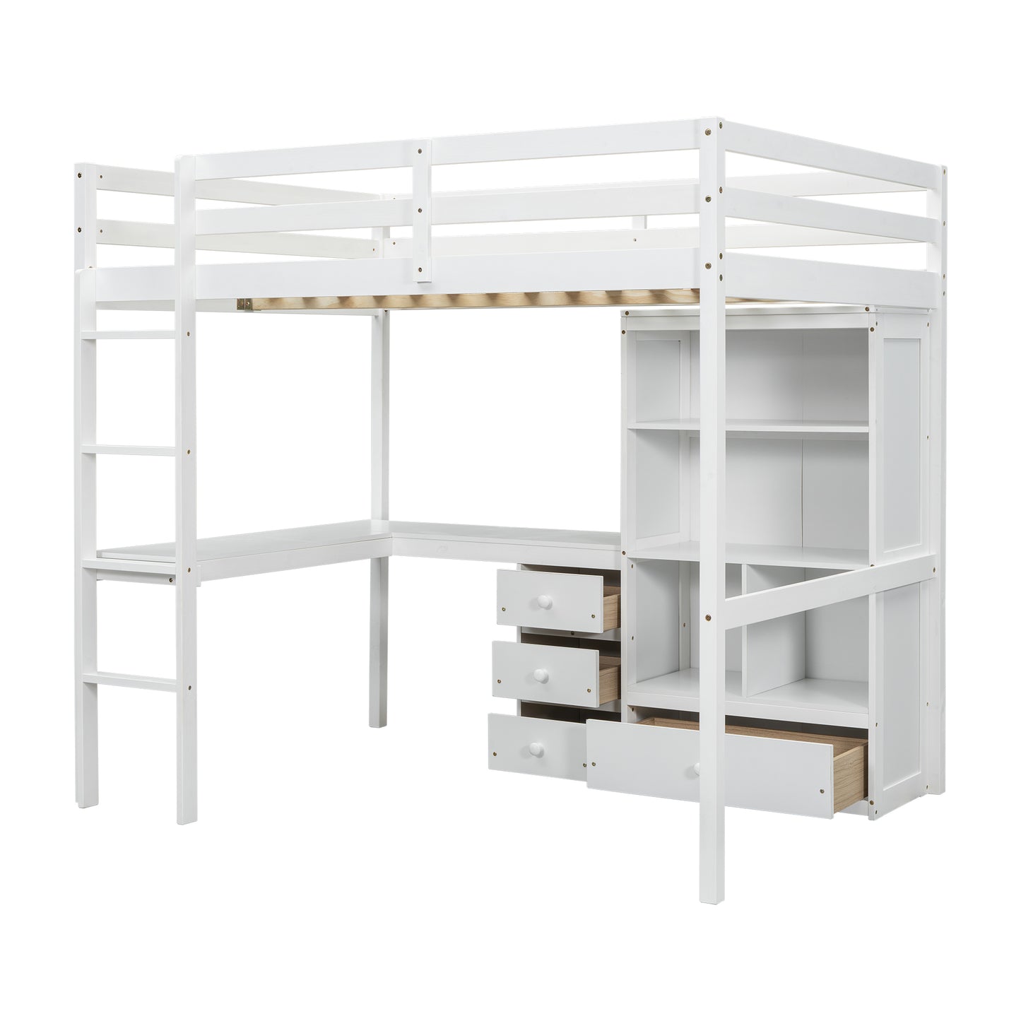 Full Size Loft Wood Bed with Desk, Storage shelves and Drawers, Built-in Ladder, High Loft Bed with Desk, Storage Shelves and Drawers,Guardrails,White