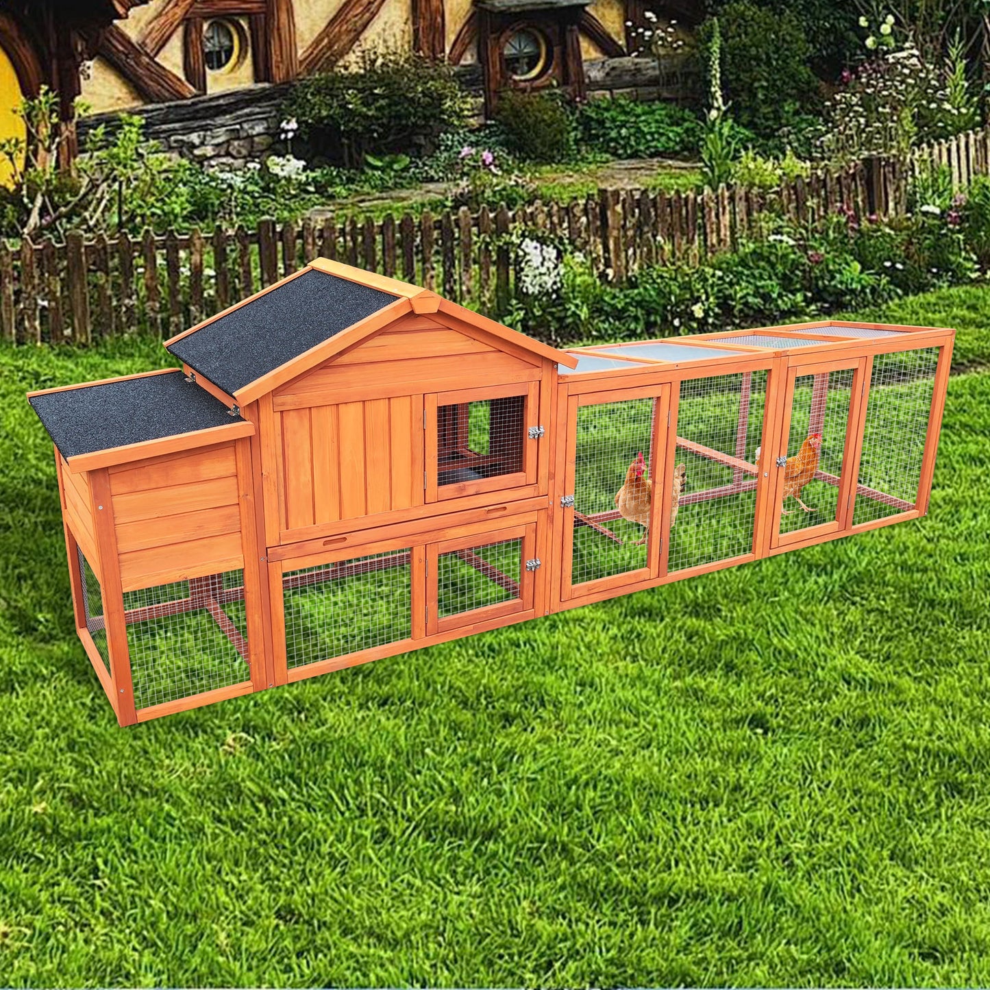 111.5" Wooden Chicken Coop, Large Outdoor Hen House with Nesting Box Poultry Cage, Rabbit Hutch Bunny Cage , Waterproof UV Panel for Outdoor Backyard