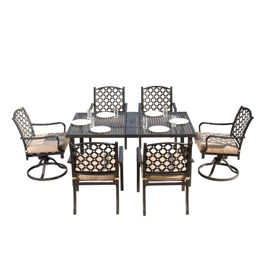 Outdoor 7 pcs Patio Dining Set, Metal Dining Table, Swivel and Dining Chairs Conversation Set with Removable Beige Cushions for Garden Lawn Yard