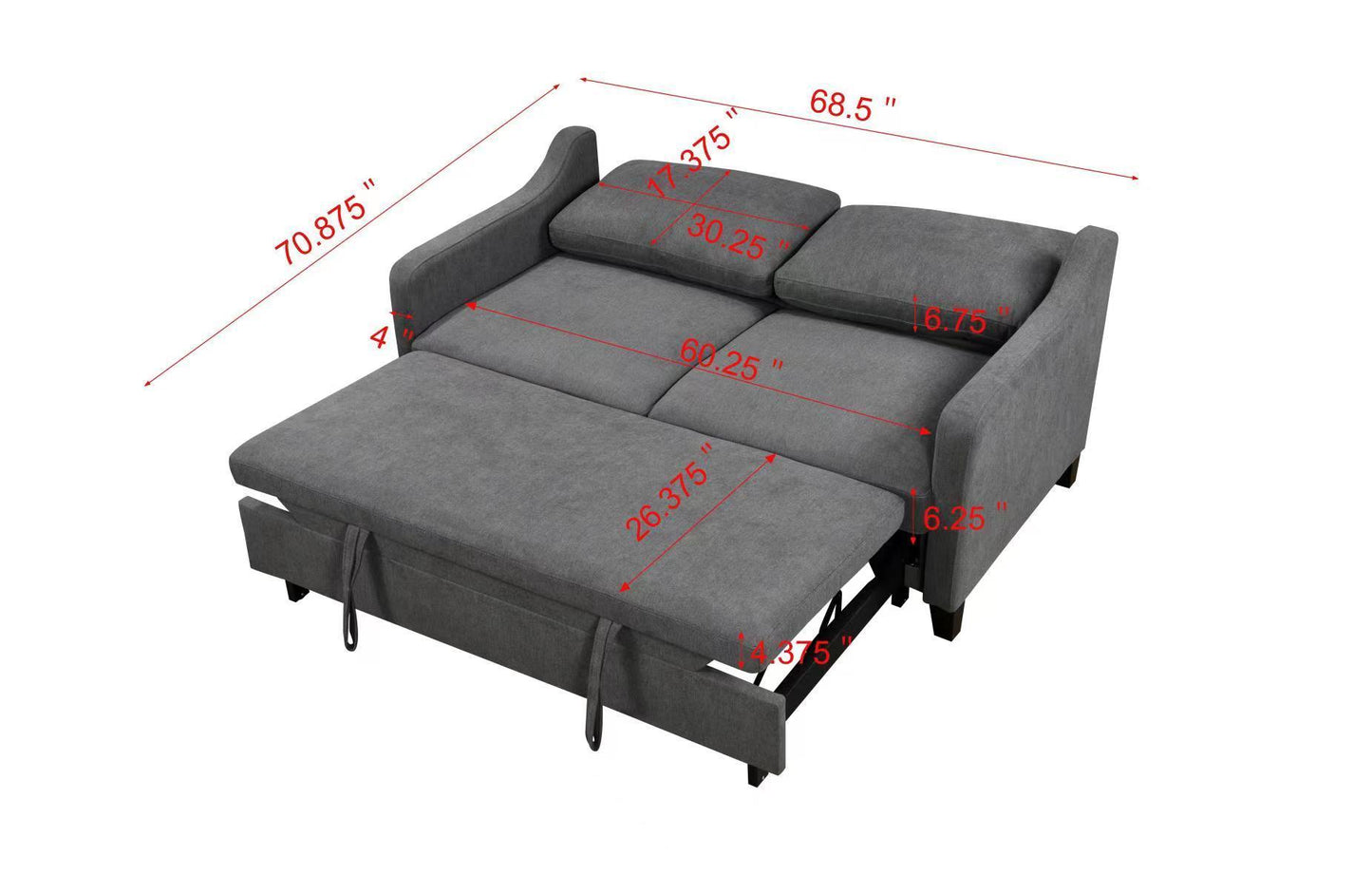 [SantaChoice] 69" 3 in 1 Convertible Queen Sleeper Sofa Bed, Modern Fabric Loveseat Futon Sofa Couch w/Pullout Bed, Love Seat Lounge Sofa w/Reclining Backrest, Furniture for Living Room, Dark Grey