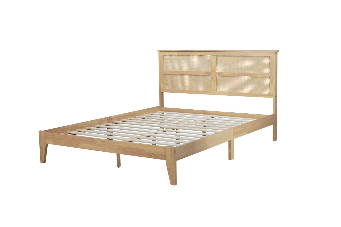 Queen Size Rubber Wooden, Solid Wooden Bed with Rattan Headboard, Enhanced by Support Feet,Oak White