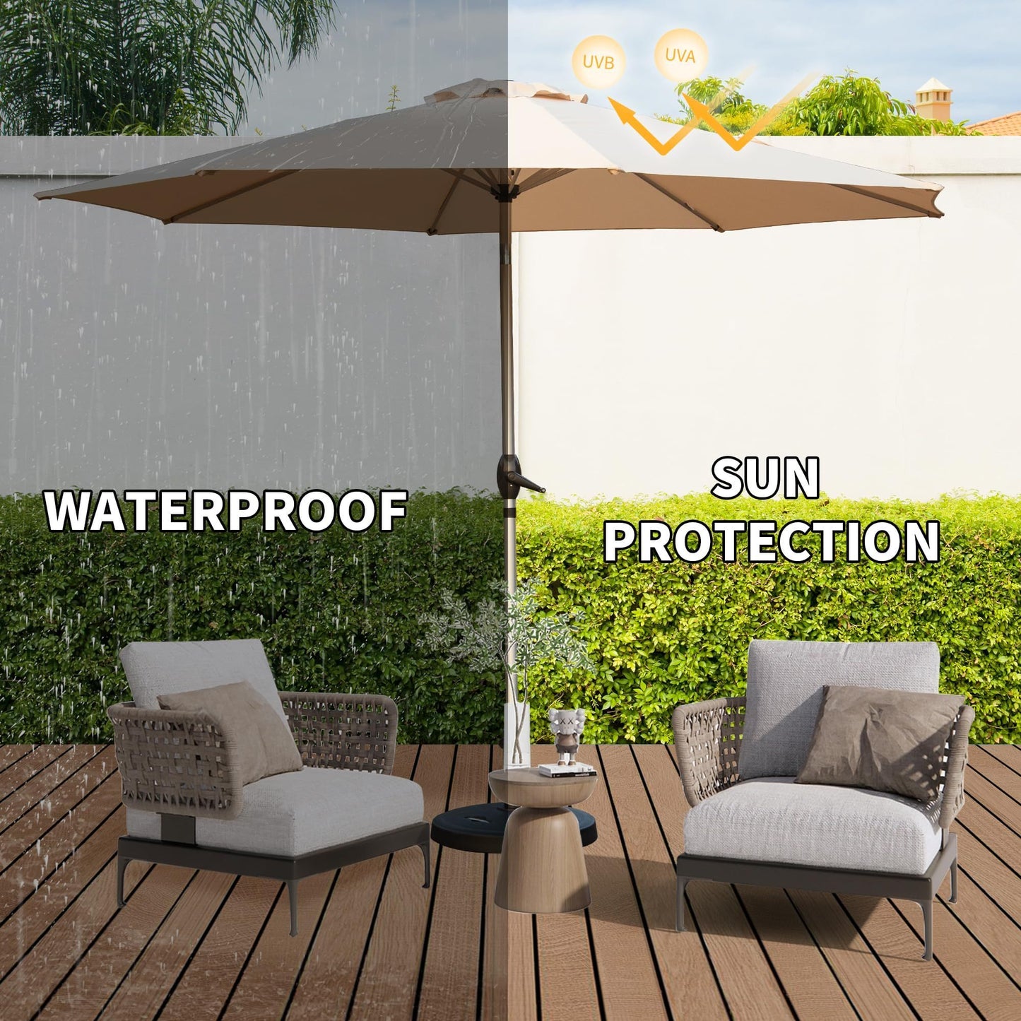 10FT Patio Umbrella, Outdoor Table Umbrella with Push Button Tilt and Crank, UV Protection Waterproof Market Sun Umbrella with 8 Sturdy Ribs for Garden, Deck, Backyard, Pool (Beige)