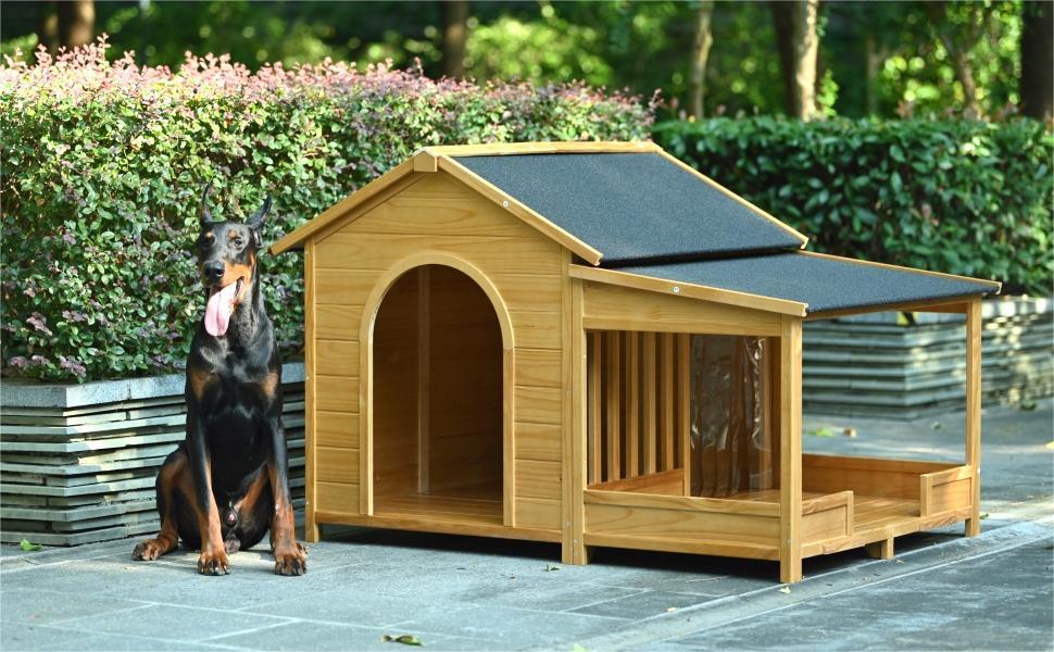 60.2" Large Wooden Dog House with Porch, Cabin Style Dog Crate with Asphalt Roof and Elevated Floor, Dog Kennel with Side Window and Doors, Perfect for Medium & Large Dogs, Nature