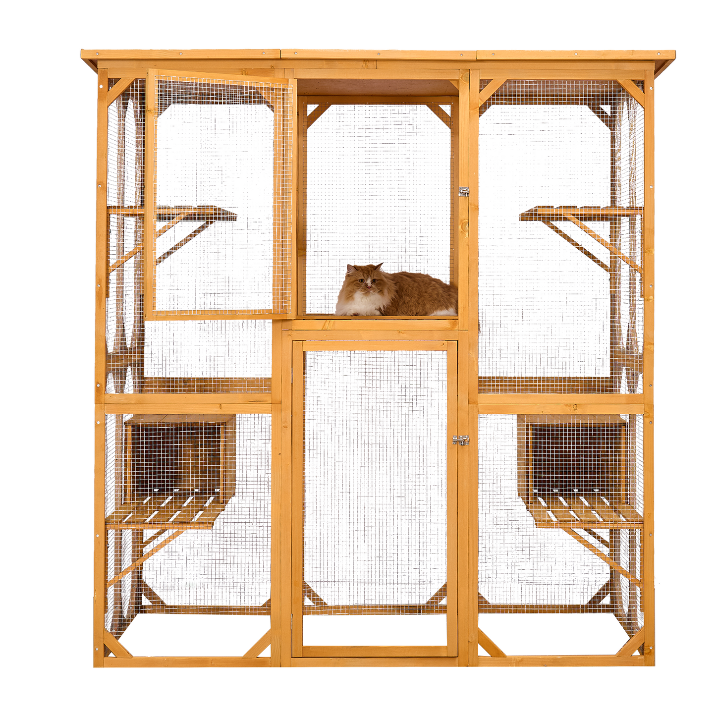 Catio Outdoor Cat Enclosure with Roof 72" Height Cat Wooden House Large Cat Cage with 3 Jumping Platforms and 2 Napping Houses for Cat Activity (Yellow)