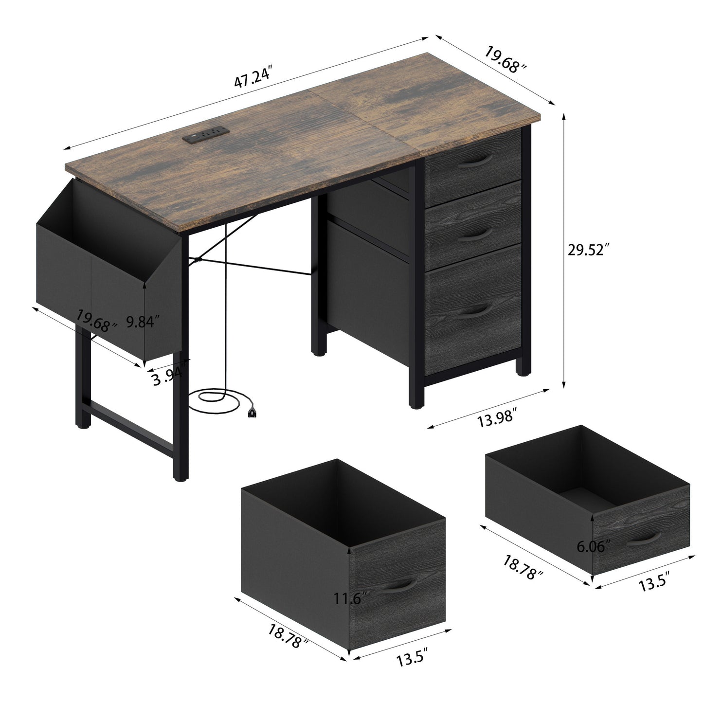 47"office desk with power outlet,3drawers and Side Pocket, Easy to Assemble,Frame stability Reversible for Home Office Study,Rustic Brown