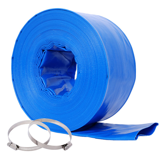 3'x100FT Pool Backwash Hose, Blue Heavy Duty Reinforced PVC Lay Flat Water Discharge Hose for Swimming Pool Filter Pump,with 2 Clamp