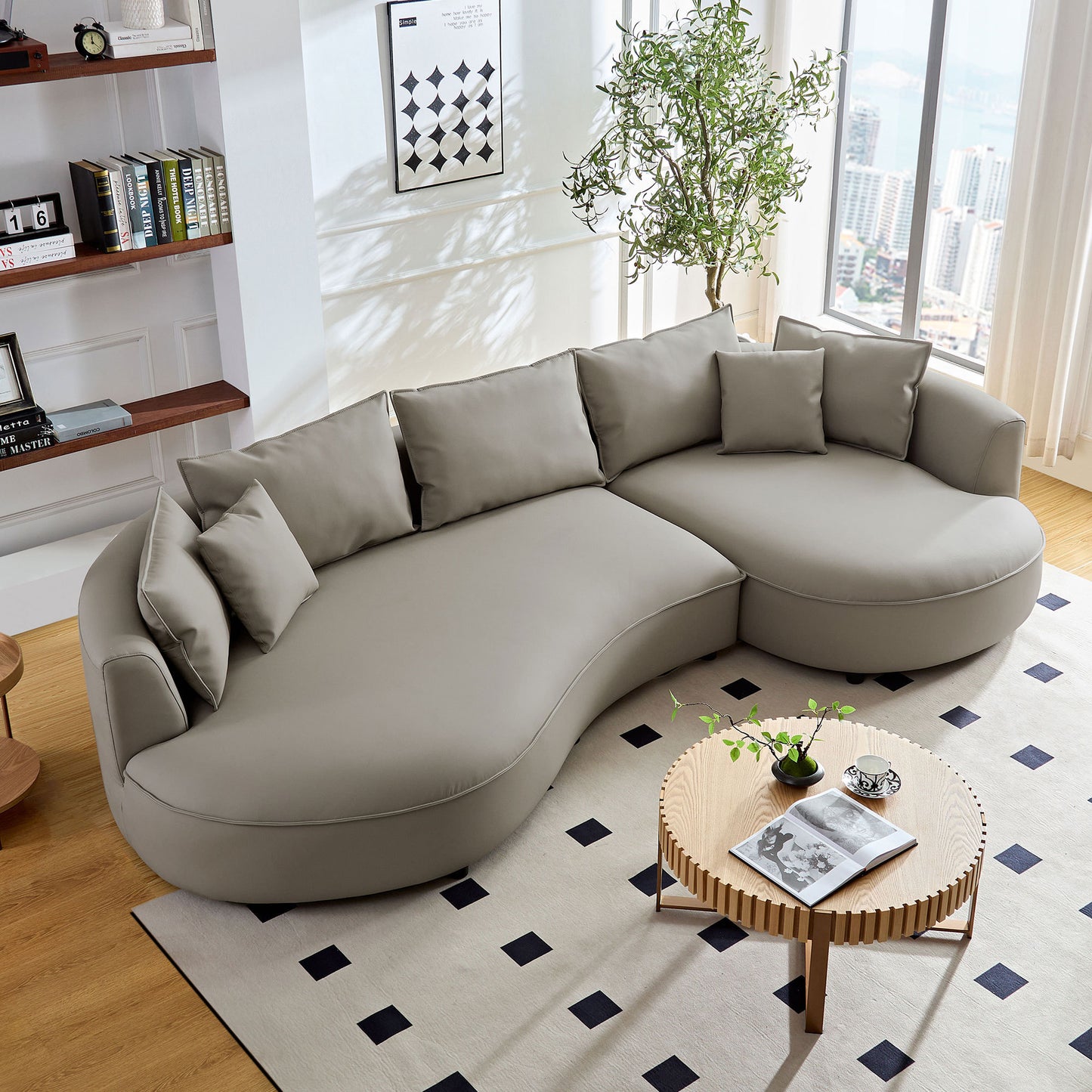 Modern Sectional curved Sofa Couch for Living Room,Upholstered 5-Seat Sofa Couch Eco-leather Couch Set for Apartment Office,Light Grey