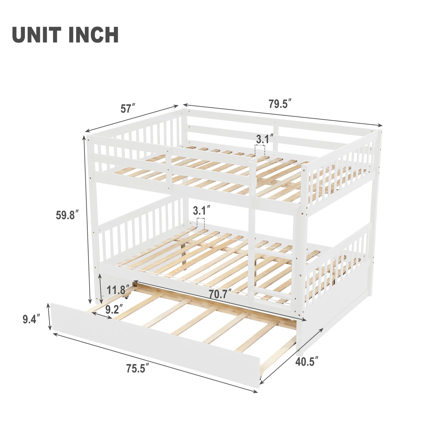 Full Over Full Bunk Bed with Trundle, Convertible to 2 Full Size Platform Bed, Full Size Bunk Bed with Ladder and Safety Rails for Kids, Teens, Adults,White(New Sku:W504S00212)