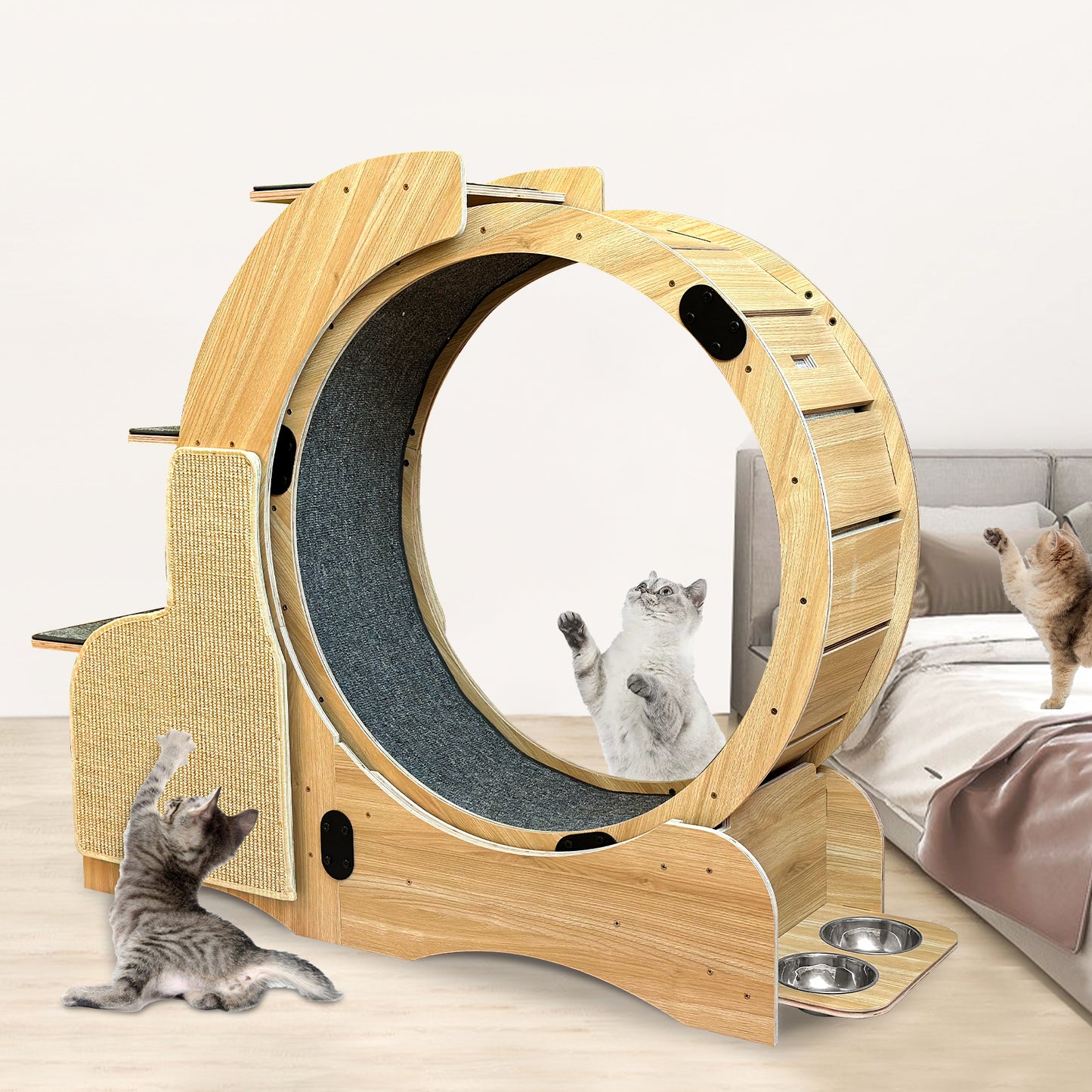 5-in-1 Cat Sports Running Wheel, Cats Wheel Wood Climbing Frame, Cat Litter Fitness Wheel, Oversized Roller Cat Indoor Activity Center,Large(Right)