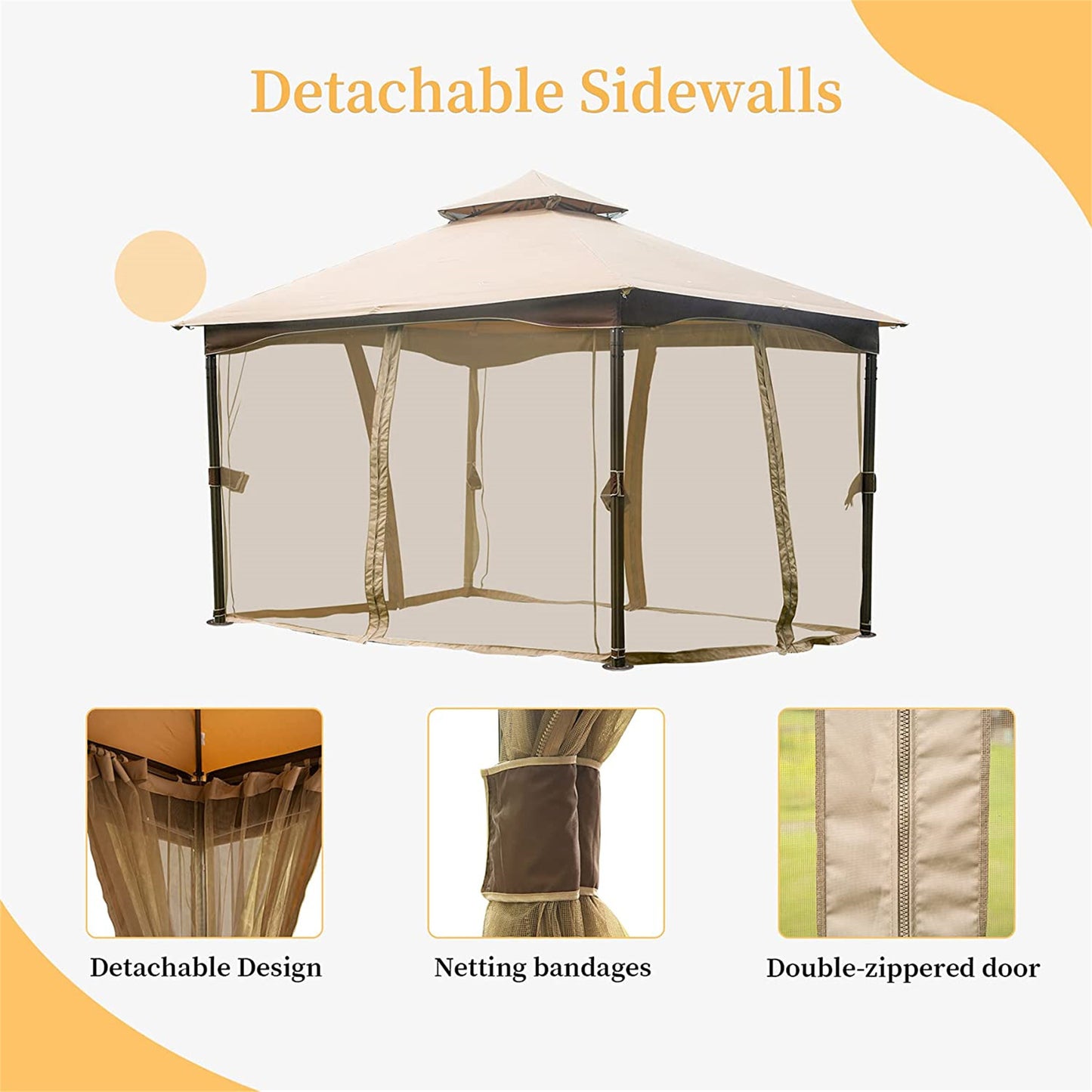 10'x13' Gazebo, Outdoor Gazebo with Mosquito Netting, Metal Frame Double Roof Soft Top Patio Gazebo Canopy Tent for Deck Backyard Garden Lawns (Khaki)