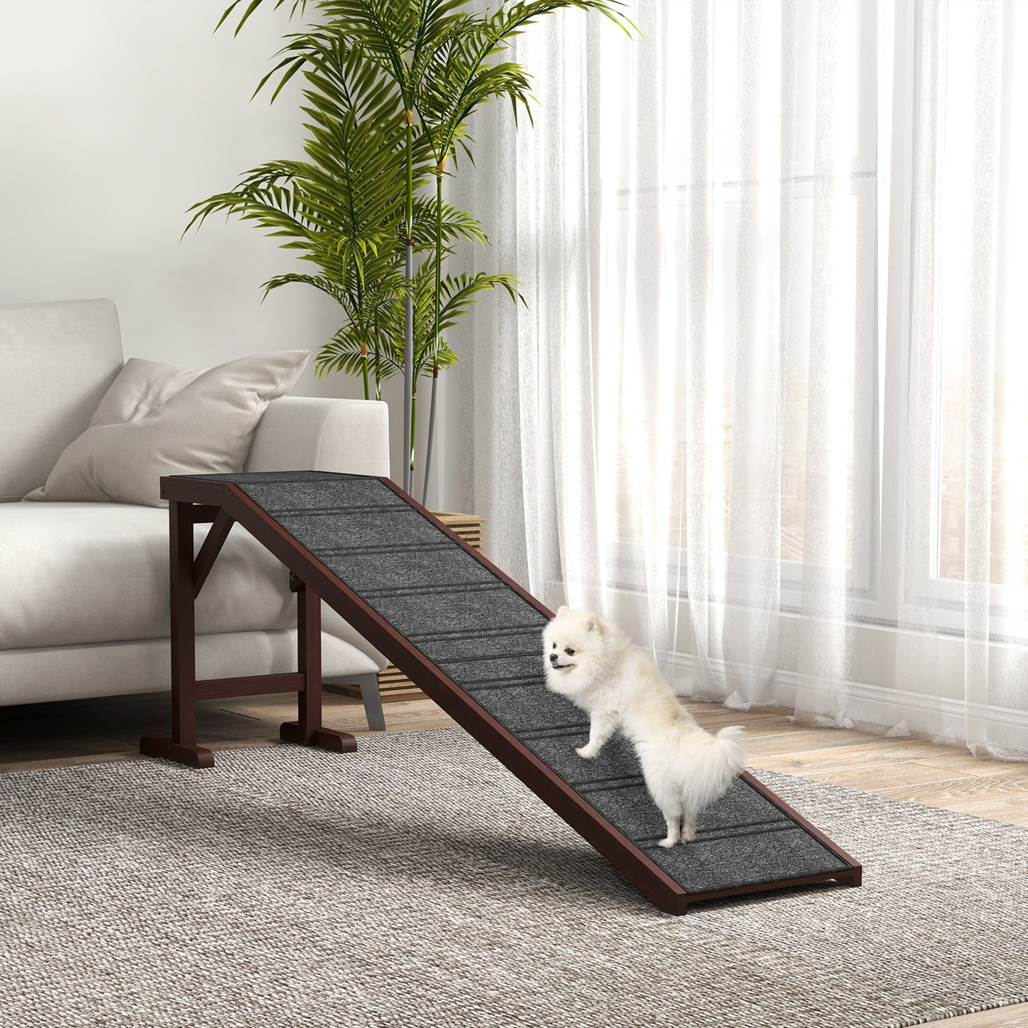 PawHut Dog Ramp for Bed, Pet Ramp for Dogs with Non-Slip Carpet and Top Platform, 74" x 16" x 25", Brown