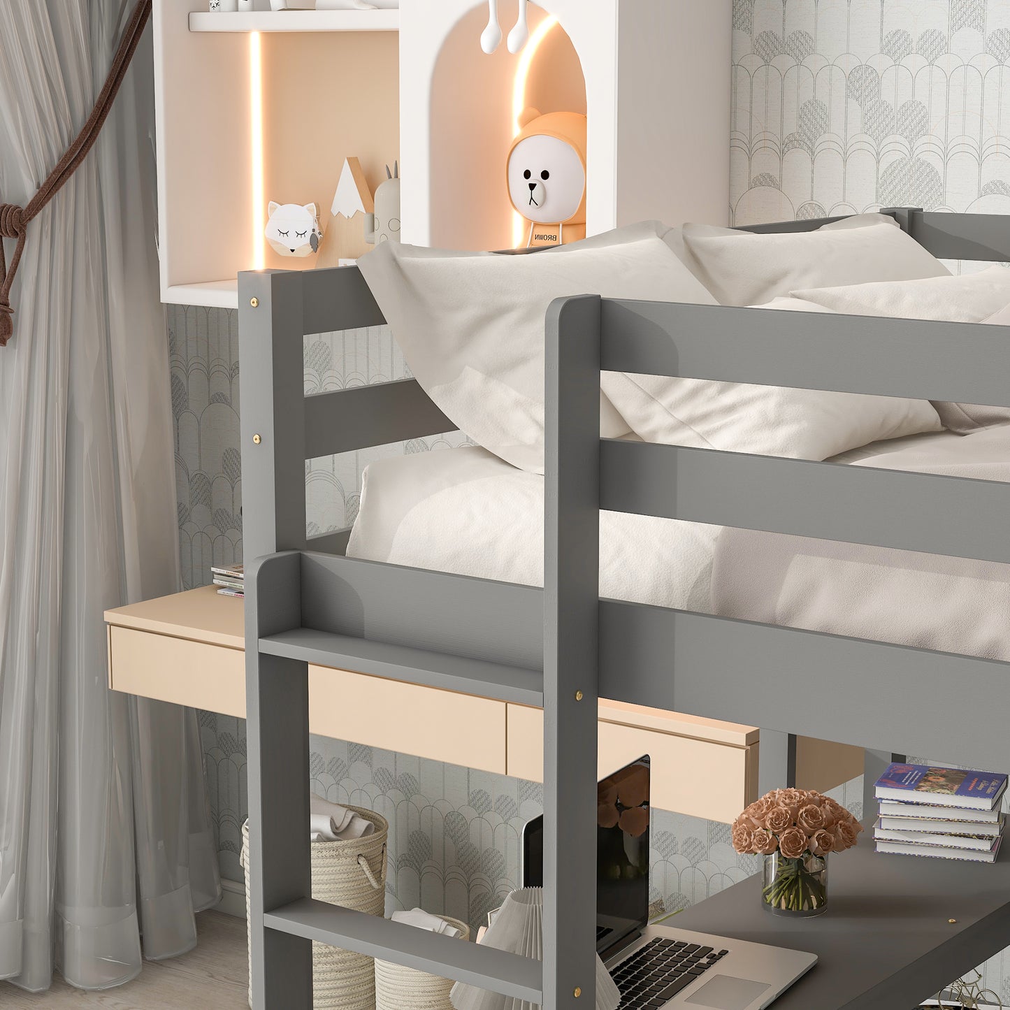 Full Loft Bed with Desk ,Shelves and Ladder, Grey