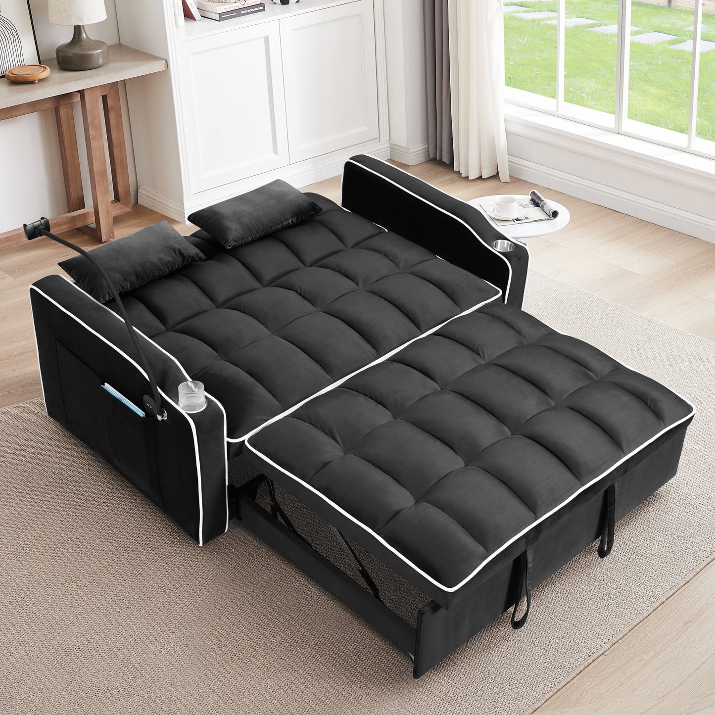 Multi-functional pullout sofa bed, 3 lengths, modern sofa sofa velvet pull-out bed, adjustable back, with USB port, ashtray and swivel phone stand( black)