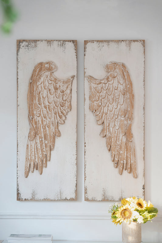 Set of 2 Feather Wing Wall Panels with Distressed White Finish, Rectangle Hanging Wall Art, 42' x 15.5'